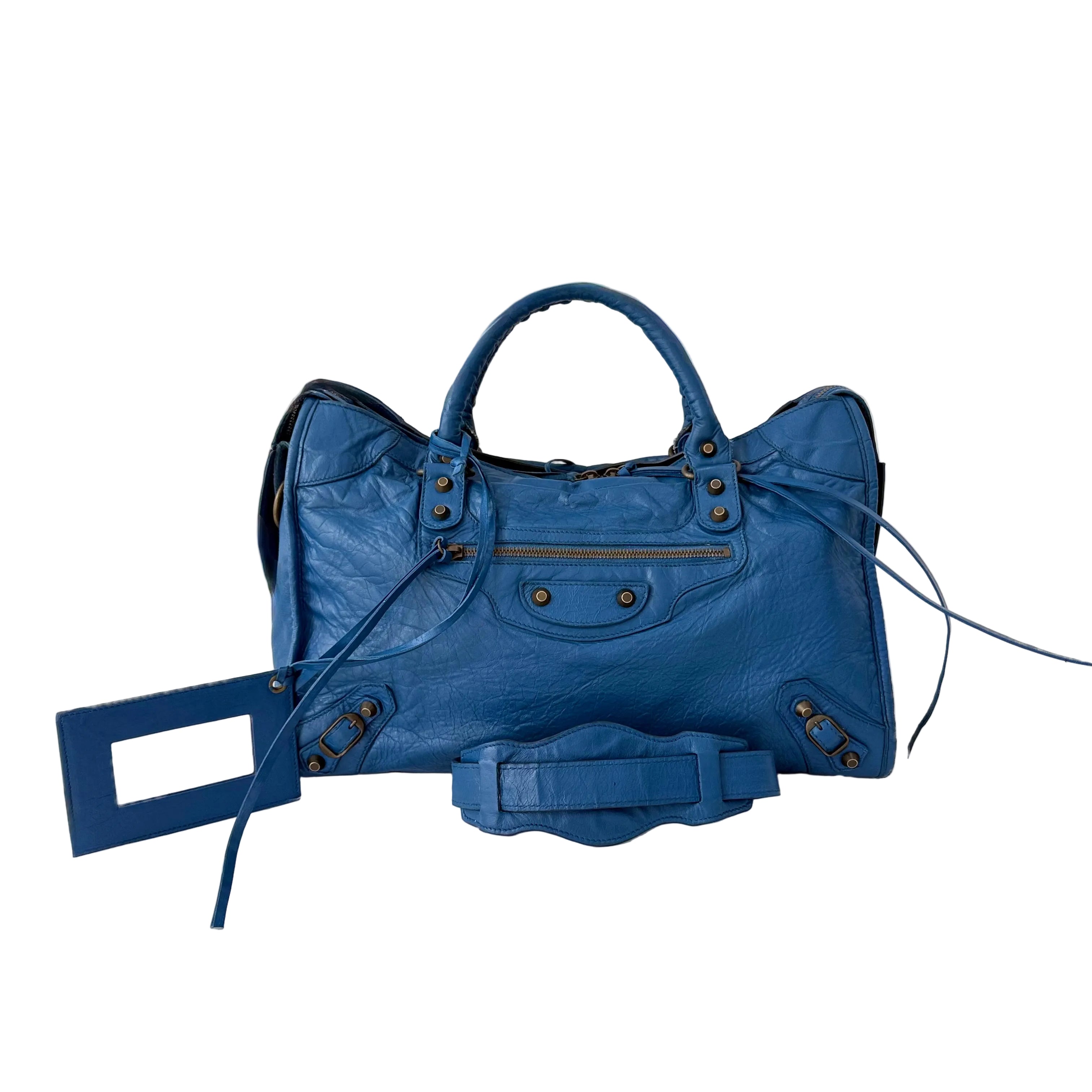(RESERVE) Balenciaga Blue Mineral Lambskin Leather Motorcycle City Bag