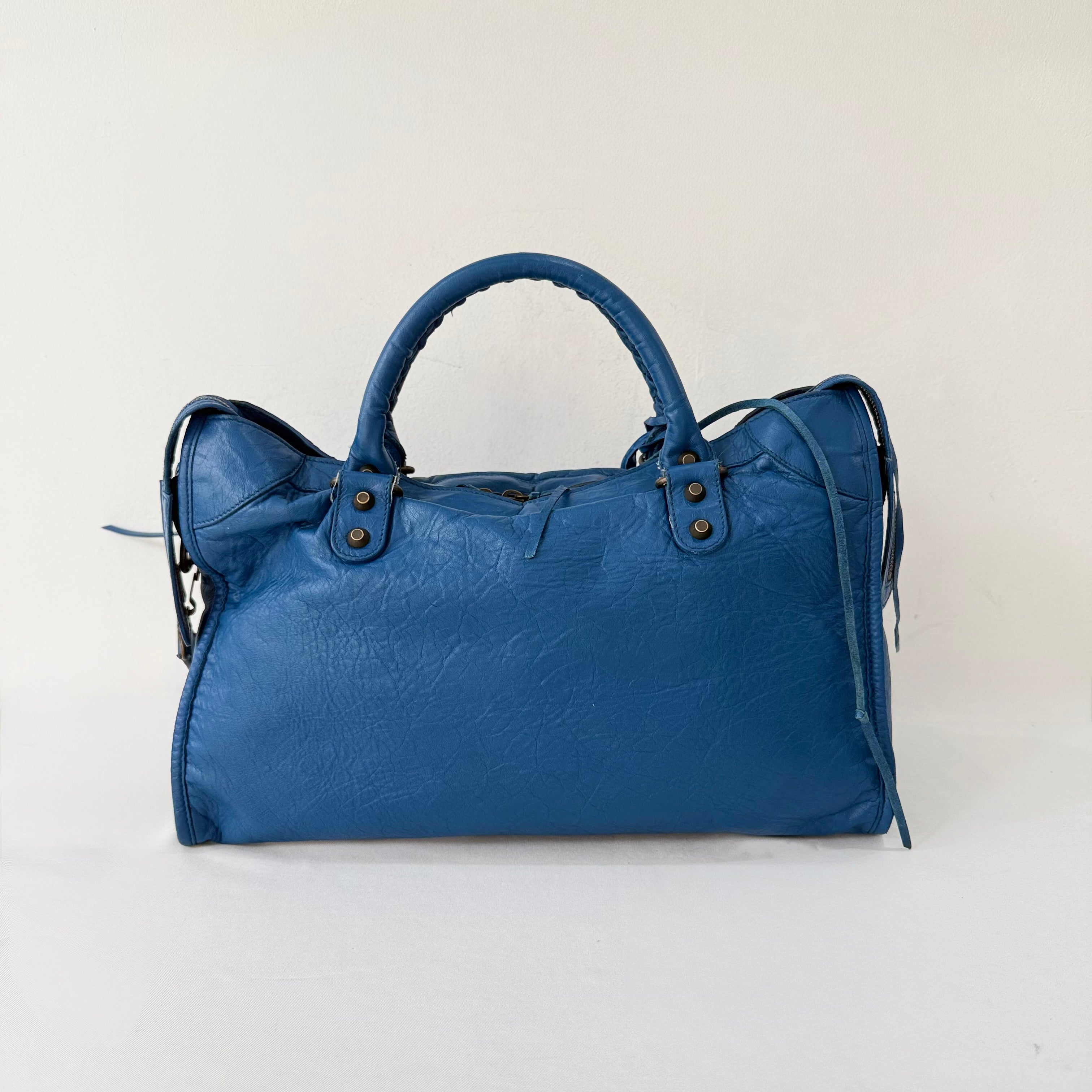 (RESERVE) Balenciaga Blue Mineral Lambskin Leather Motorcycle City Bag