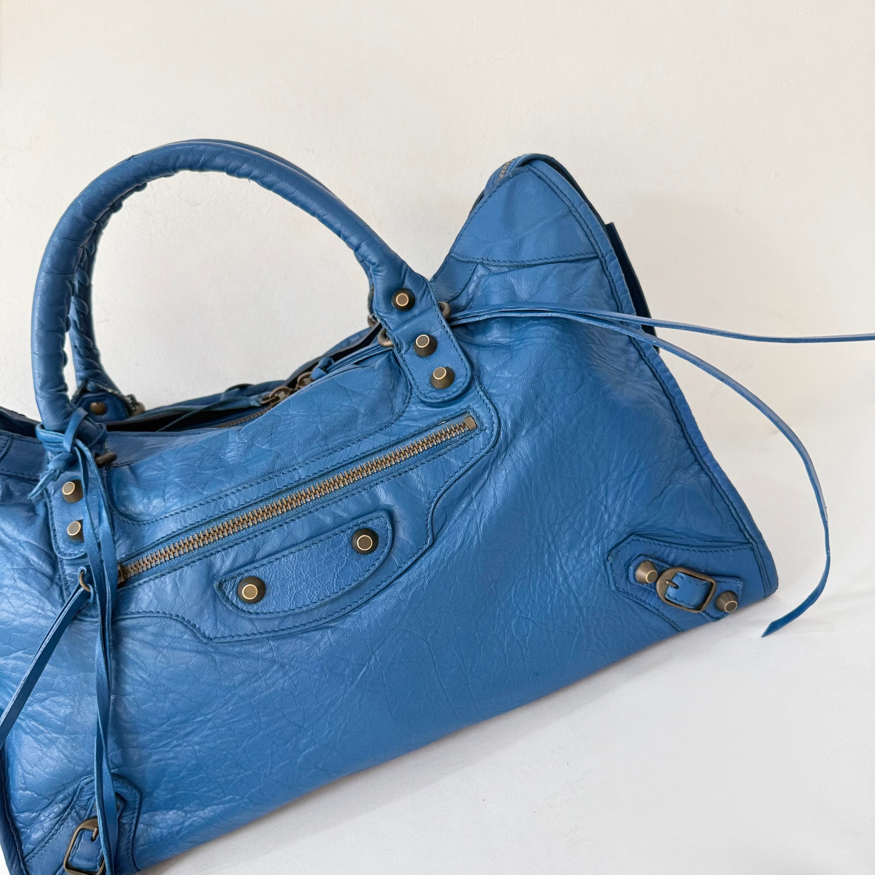 (RESERVE) Balenciaga Blue Mineral Lambskin Leather Motorcycle City Bag