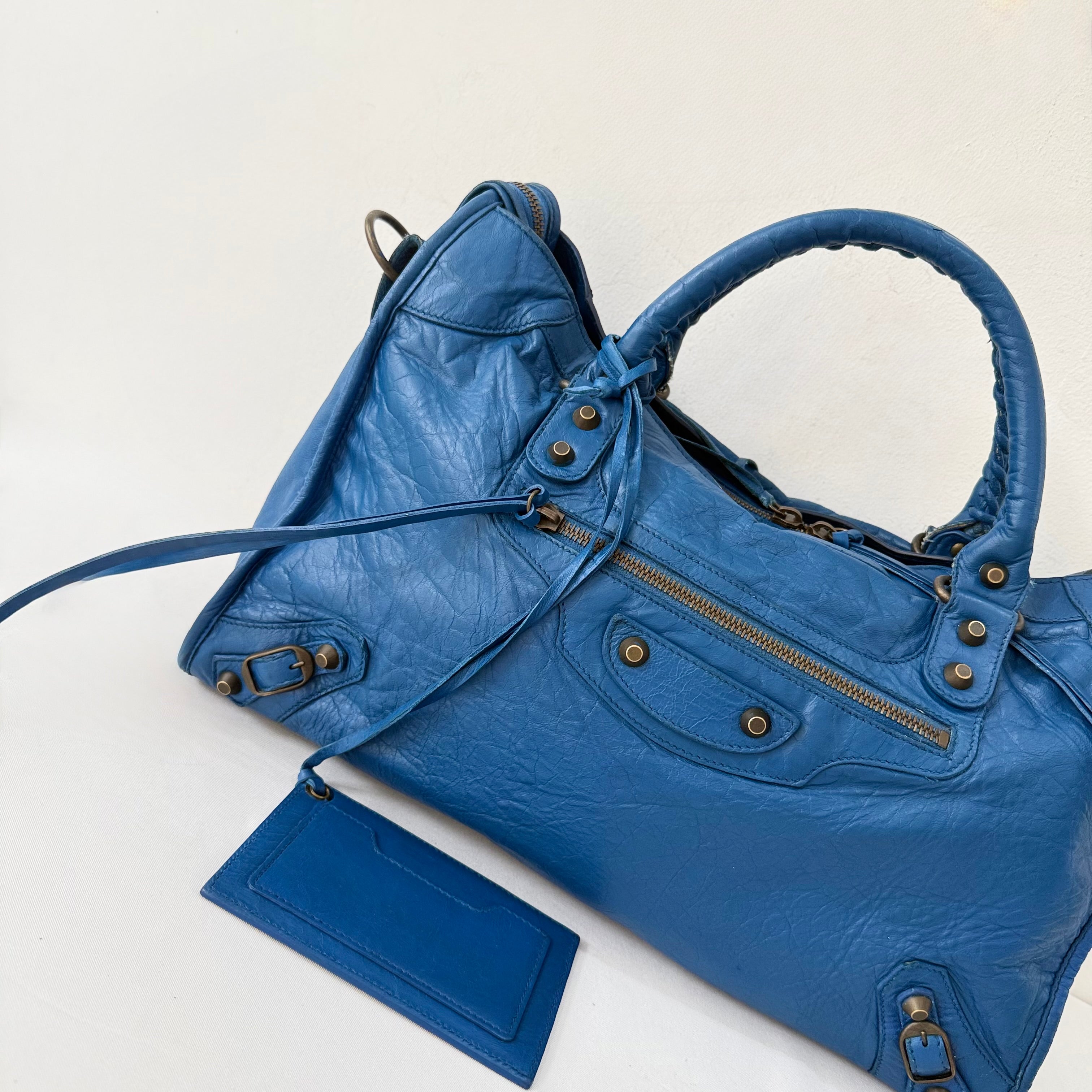 (RESERVE) Balenciaga Blue Mineral Lambskin Leather Motorcycle City Bag