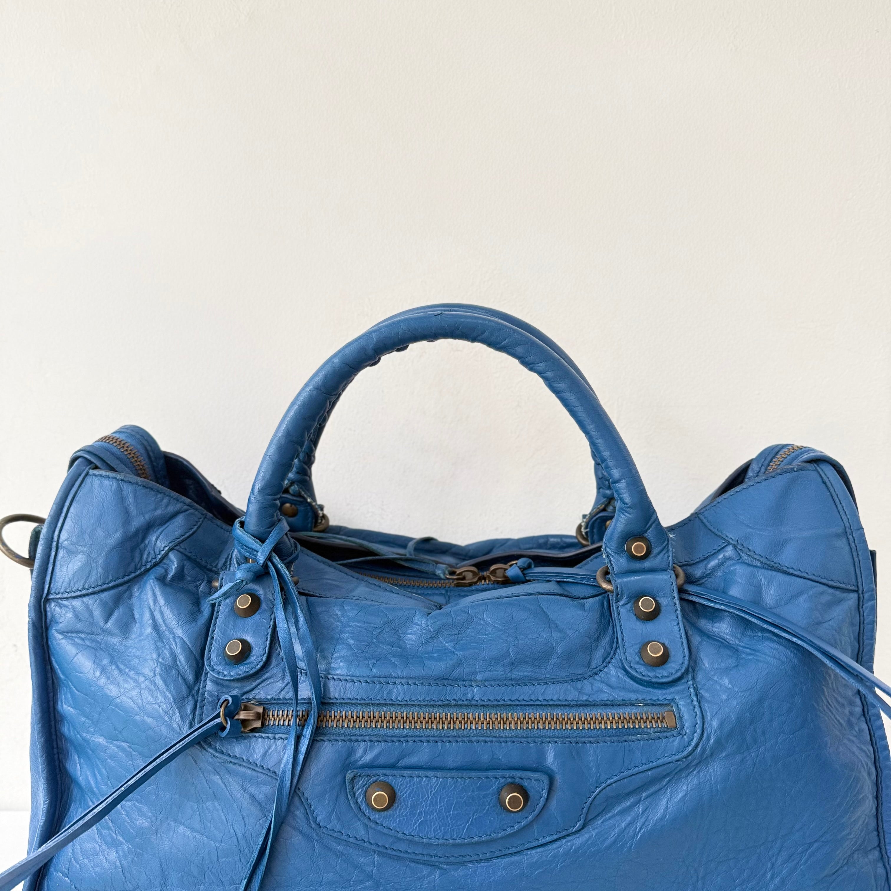 (RESERVE) Balenciaga Blue Mineral Lambskin Leather Motorcycle City Bag