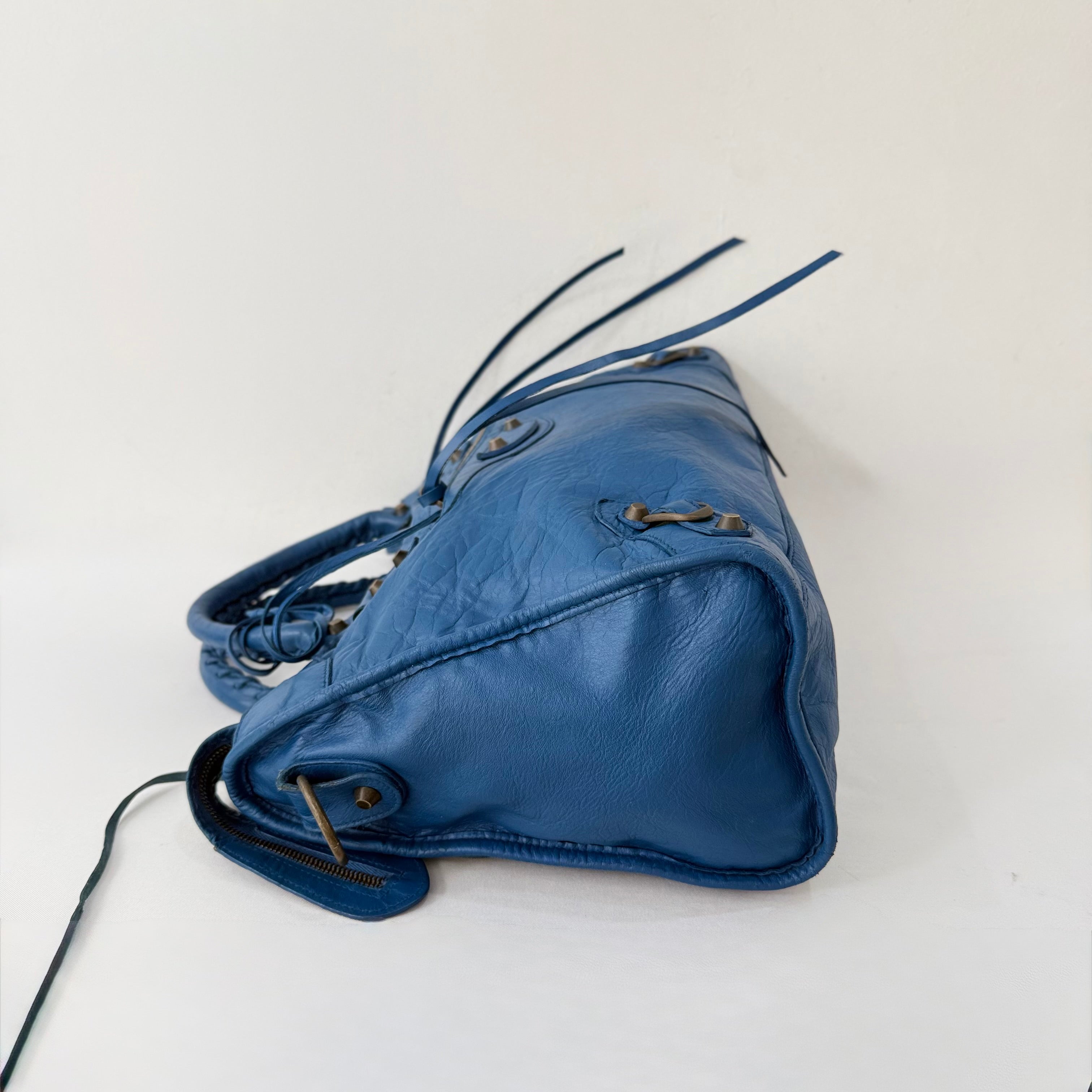 (RESERVE) Balenciaga Blue Mineral Lambskin Leather Motorcycle City Bag