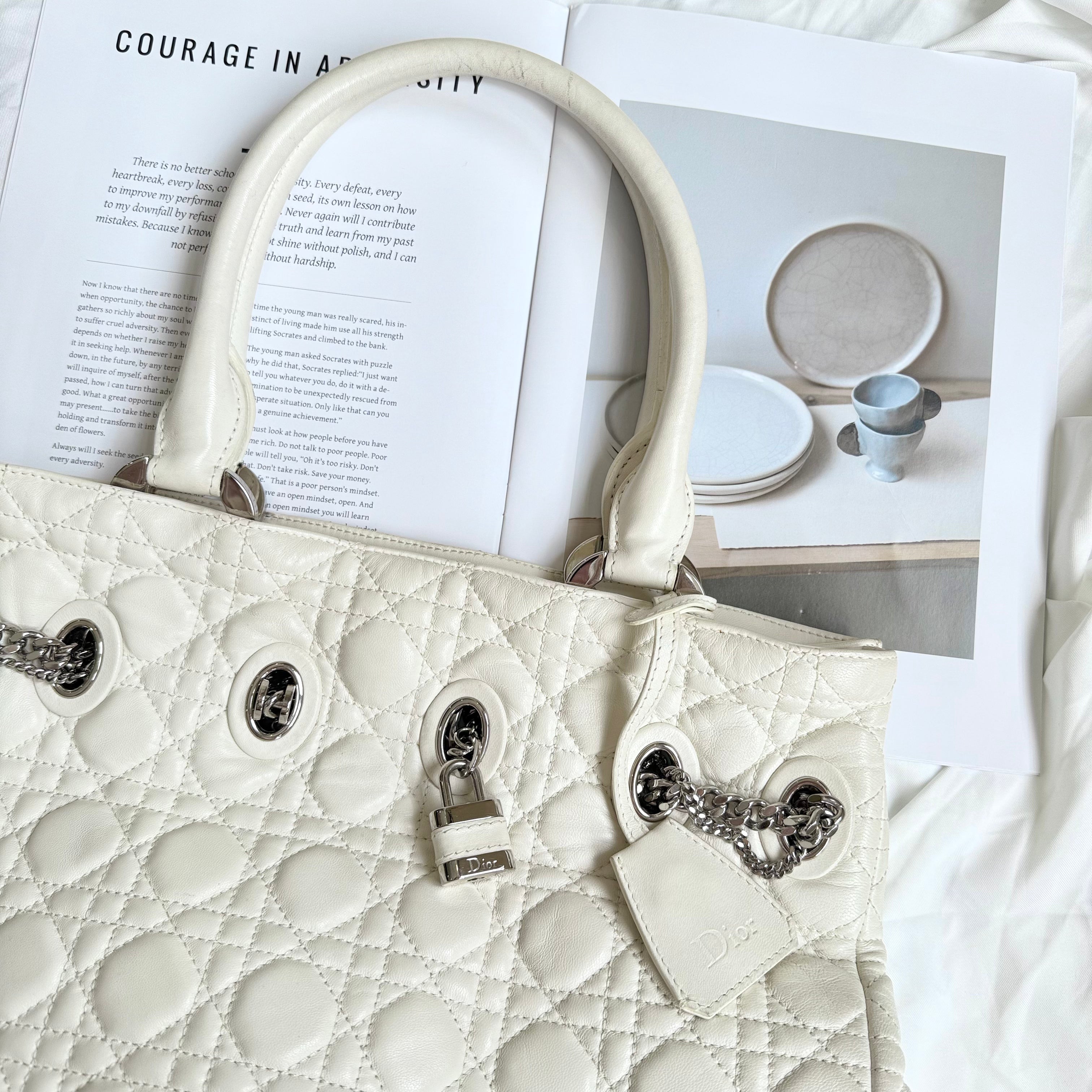 Christian Dior White Cannage Leather Chri Chri Tote Bag