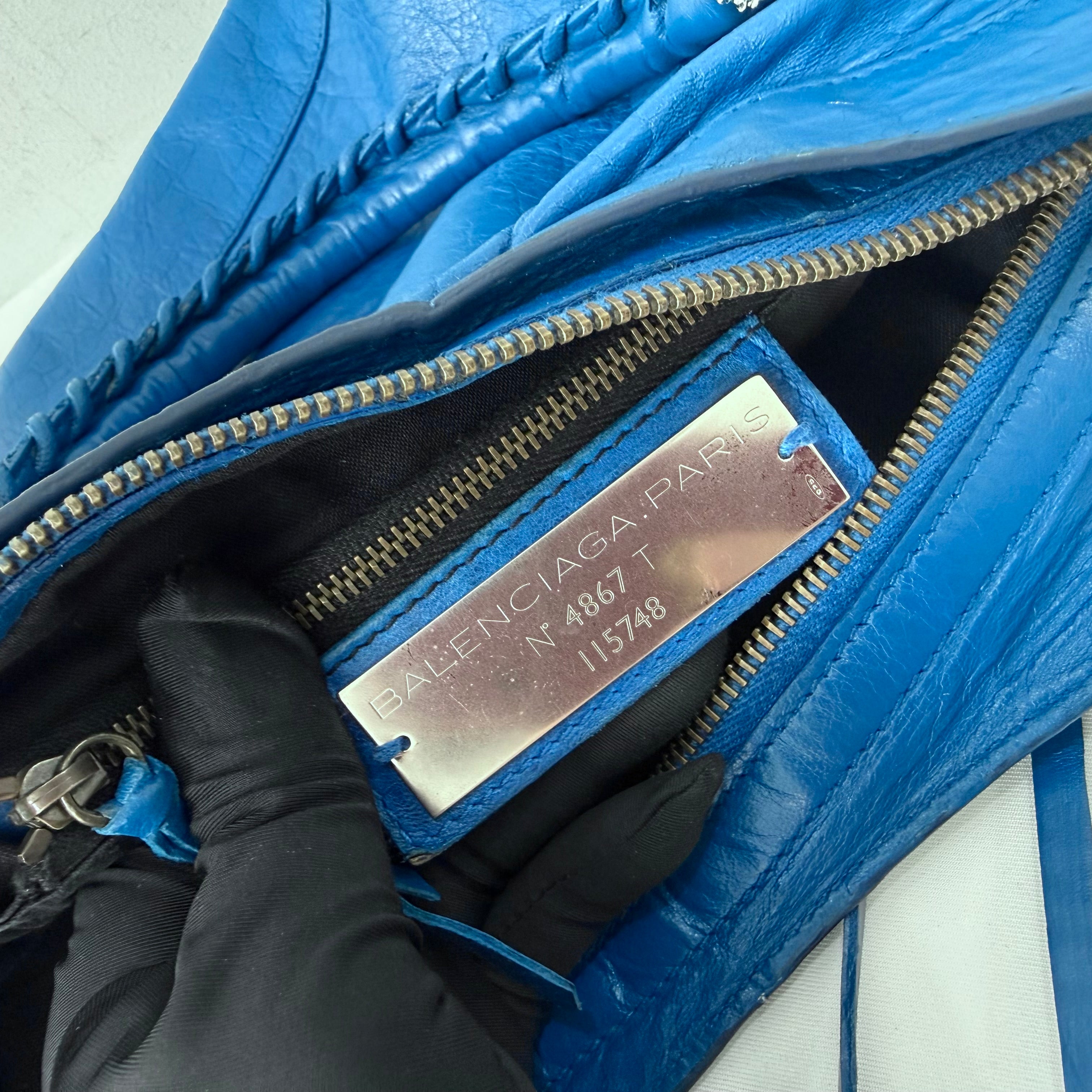 (RESERVE) Balenciaga Blue Mineral Lambskin Leather Motorcycle City Bag