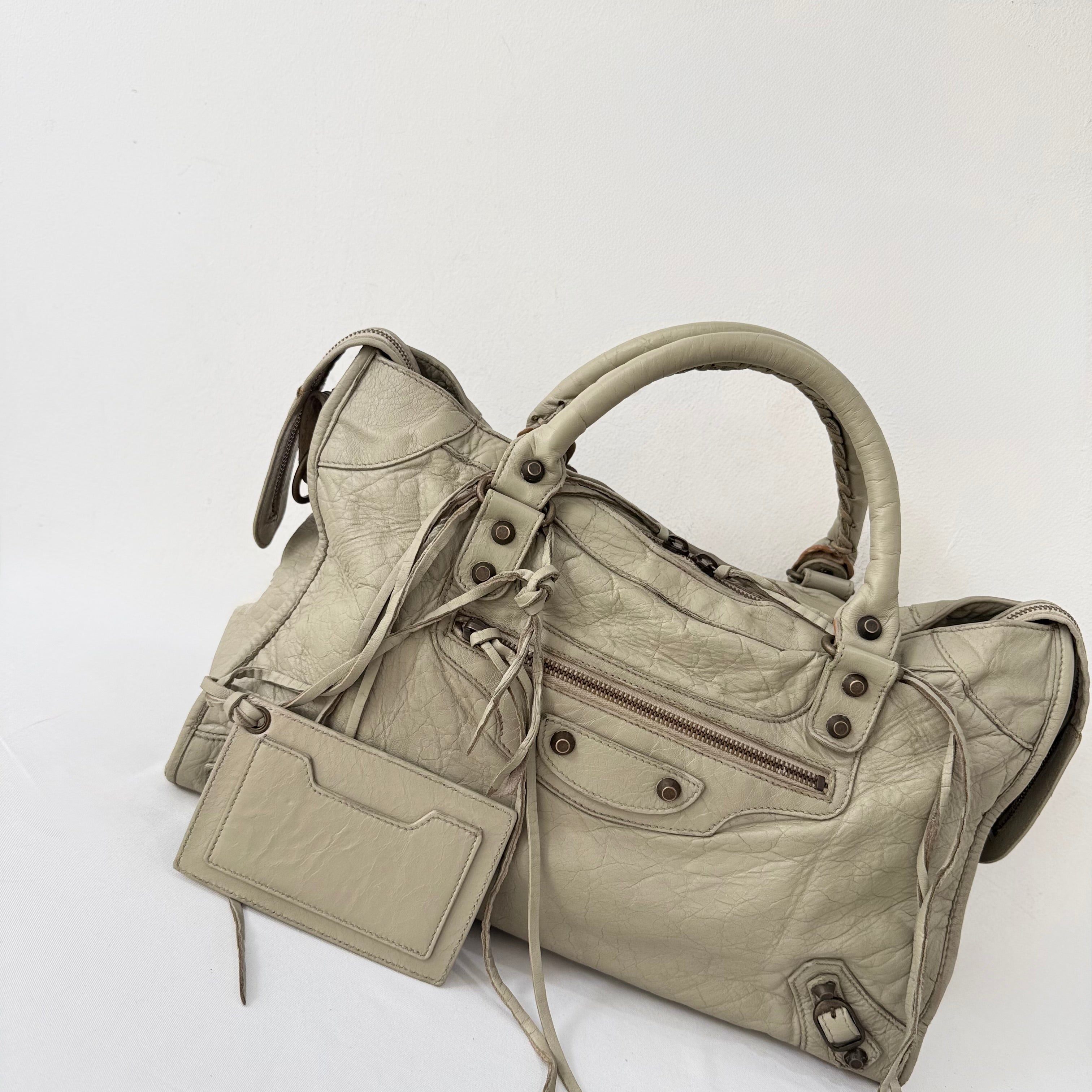 (reserve) Balenciaga Praline Lambskin Leather Motorcycle City Bag
