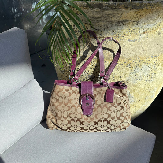 Coach Signature Tan Jacquard Purple Leather 2 Ways