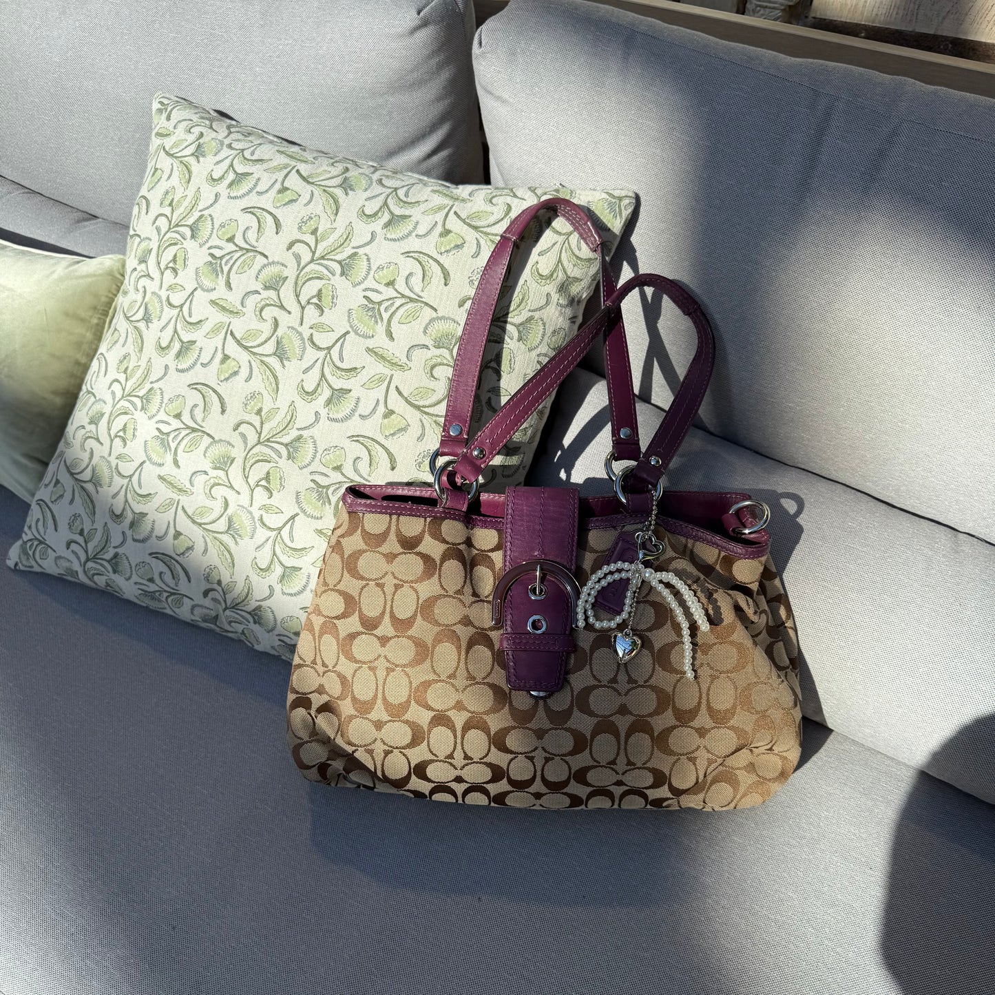 Coach Signature Tan Jacquard Purple Leather 2 Ways