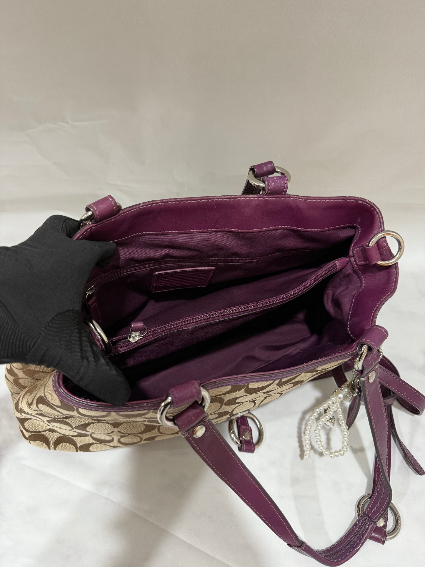 Coach Signature Tan Jacquard Purple Leather 2 Ways