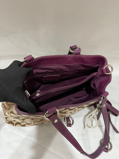 Coach Signature Tan Jacquard Purple Leather 2 Ways