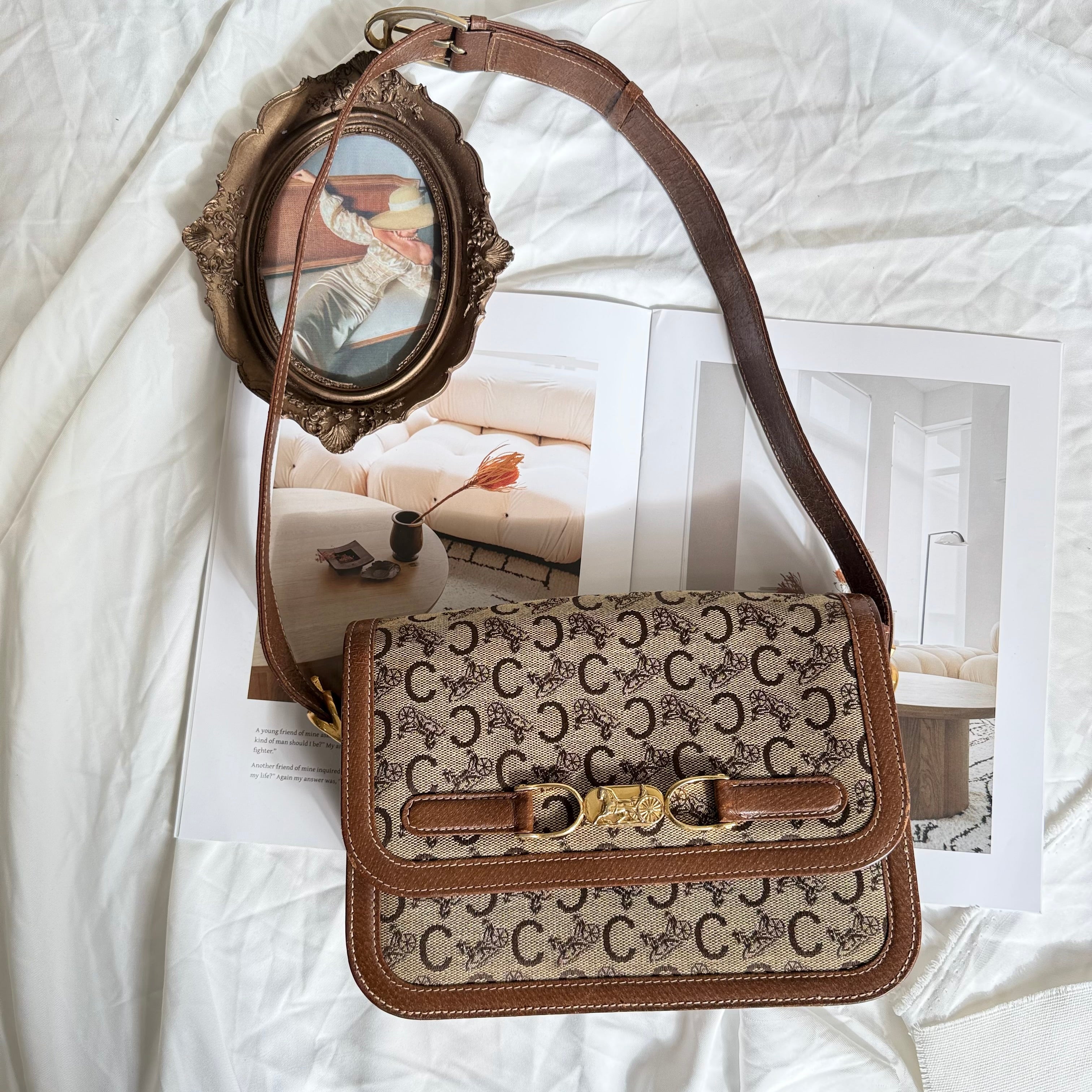 (Reserved) Celine Brown Canvas Horsebit Shoulder Bag