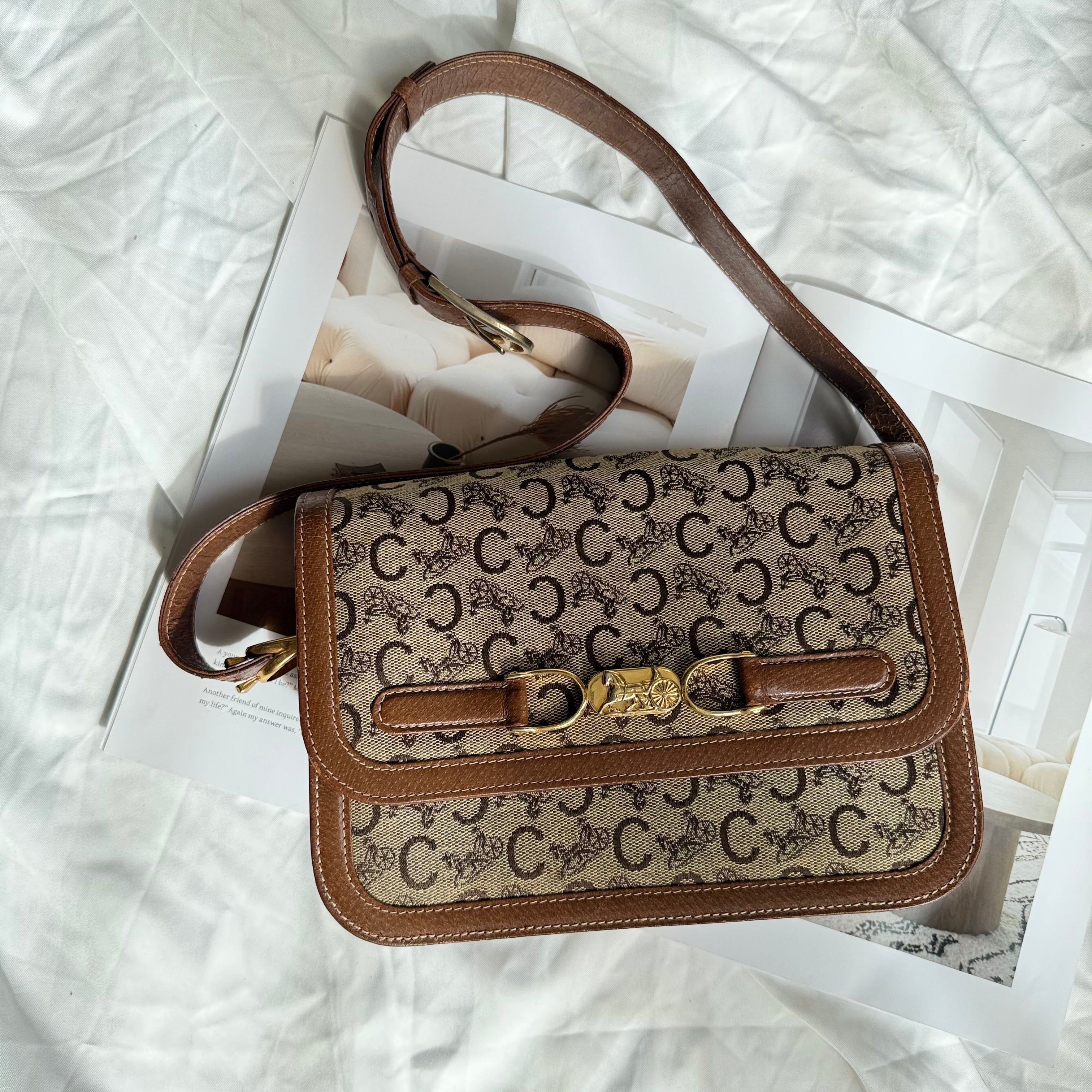(Reserved) Celine Brown Canvas Horsebit Shoulder Bag
