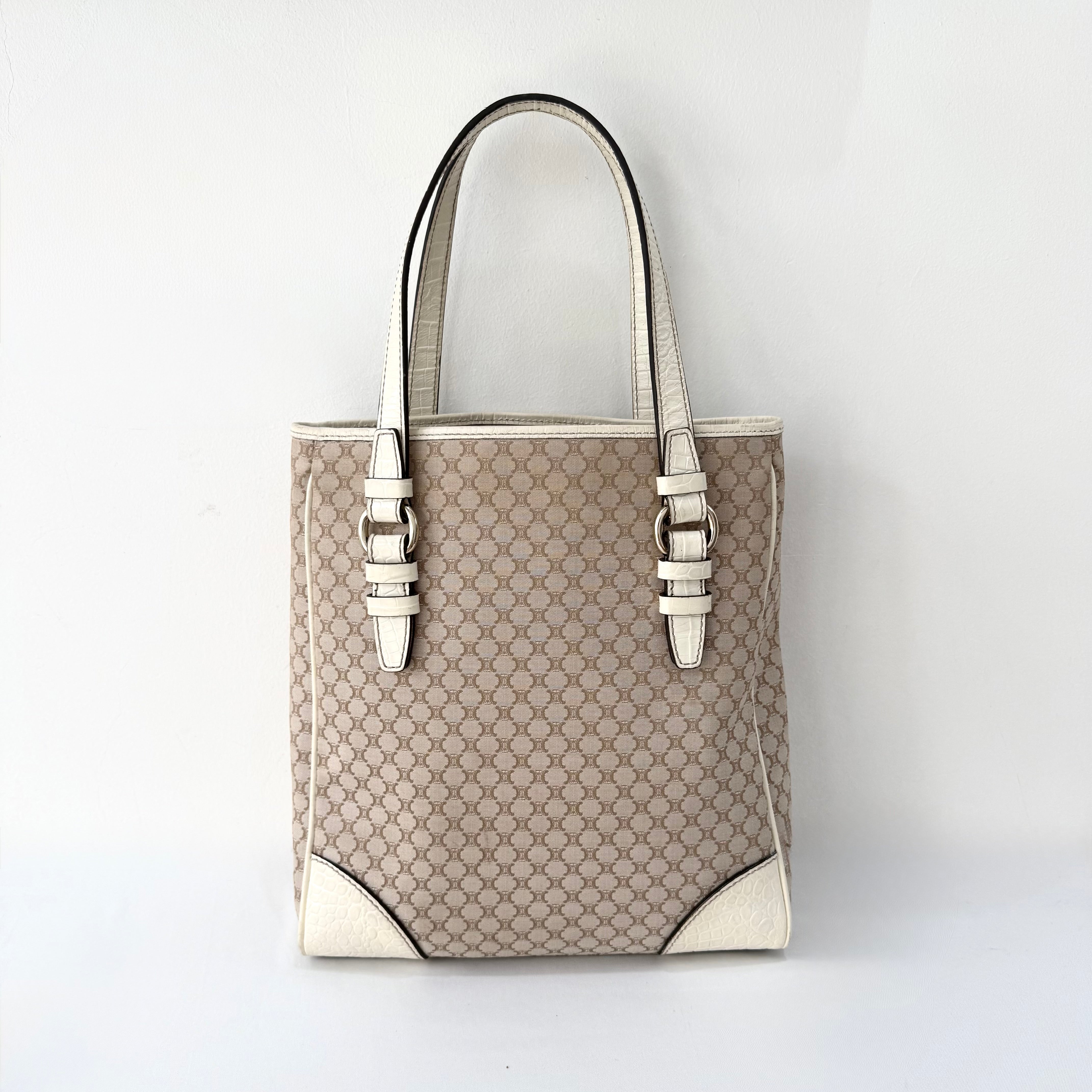Celine Beige Monogram Canvas Tote Bag White Leather Trim