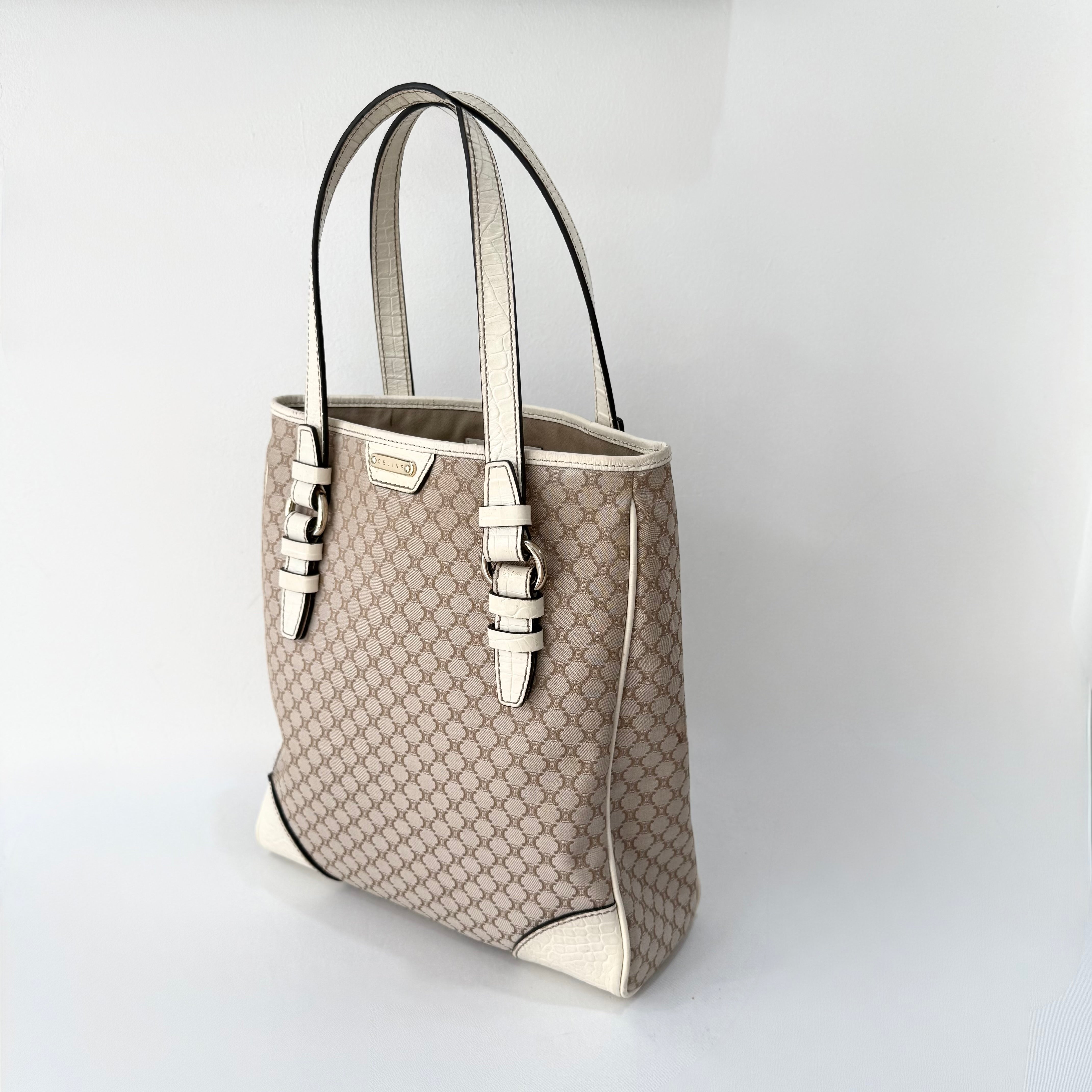 Celine Beige Monogram Canvas Tote Bag White Leather Trim