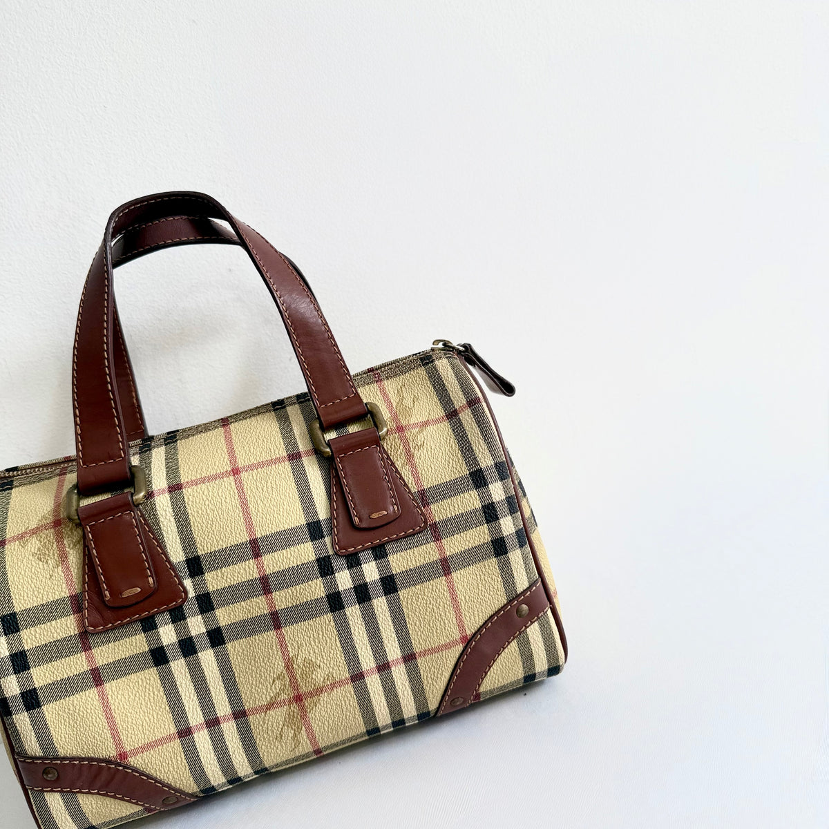 Burberry Vintage Boston Bag Haymarket Coated Canvas 