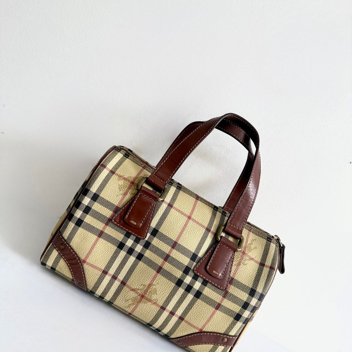 Burberry Vintage Boston Bag Haymarket Coated Canvas 