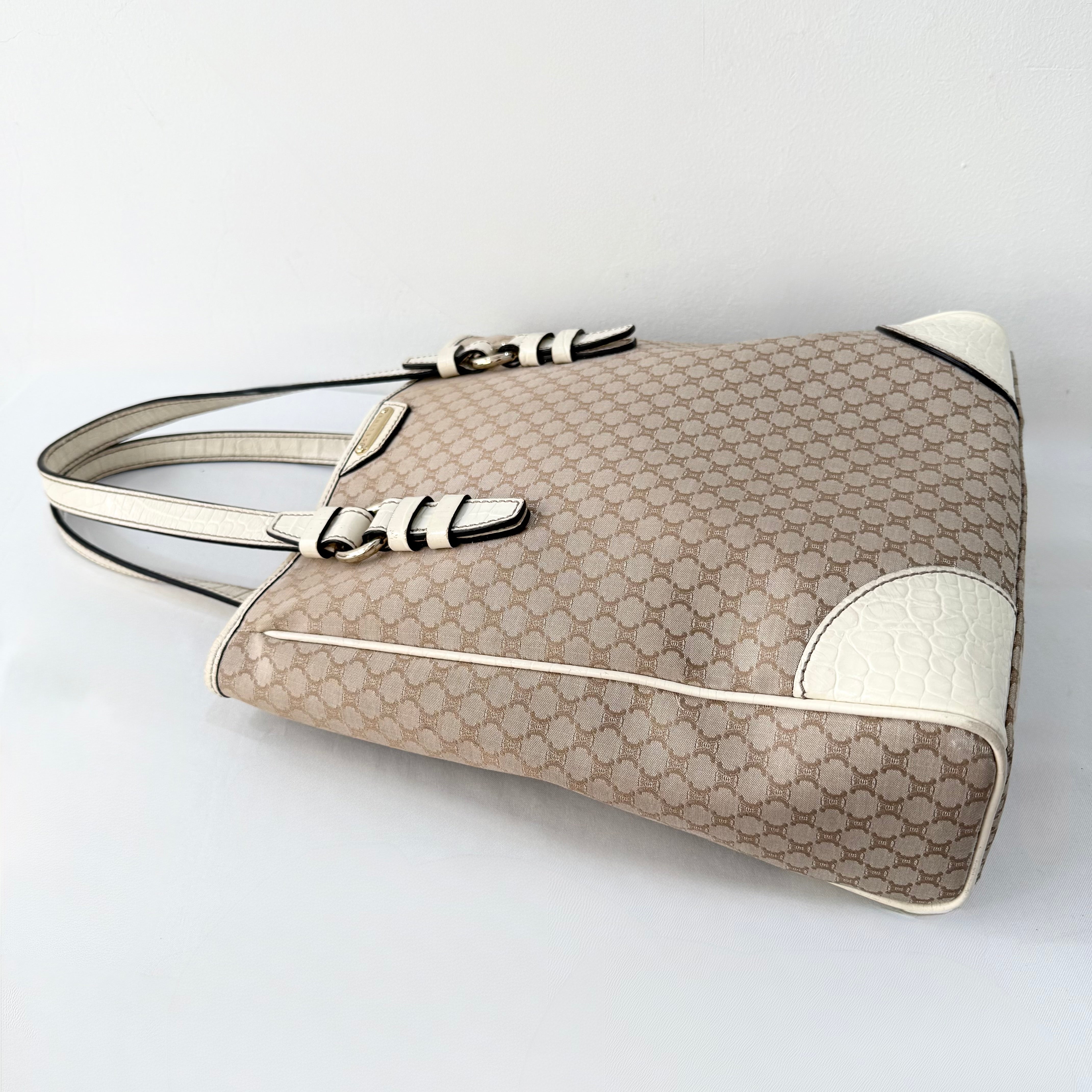 Celine Beige Monogram Canvas Tote Bag White Leather Trim