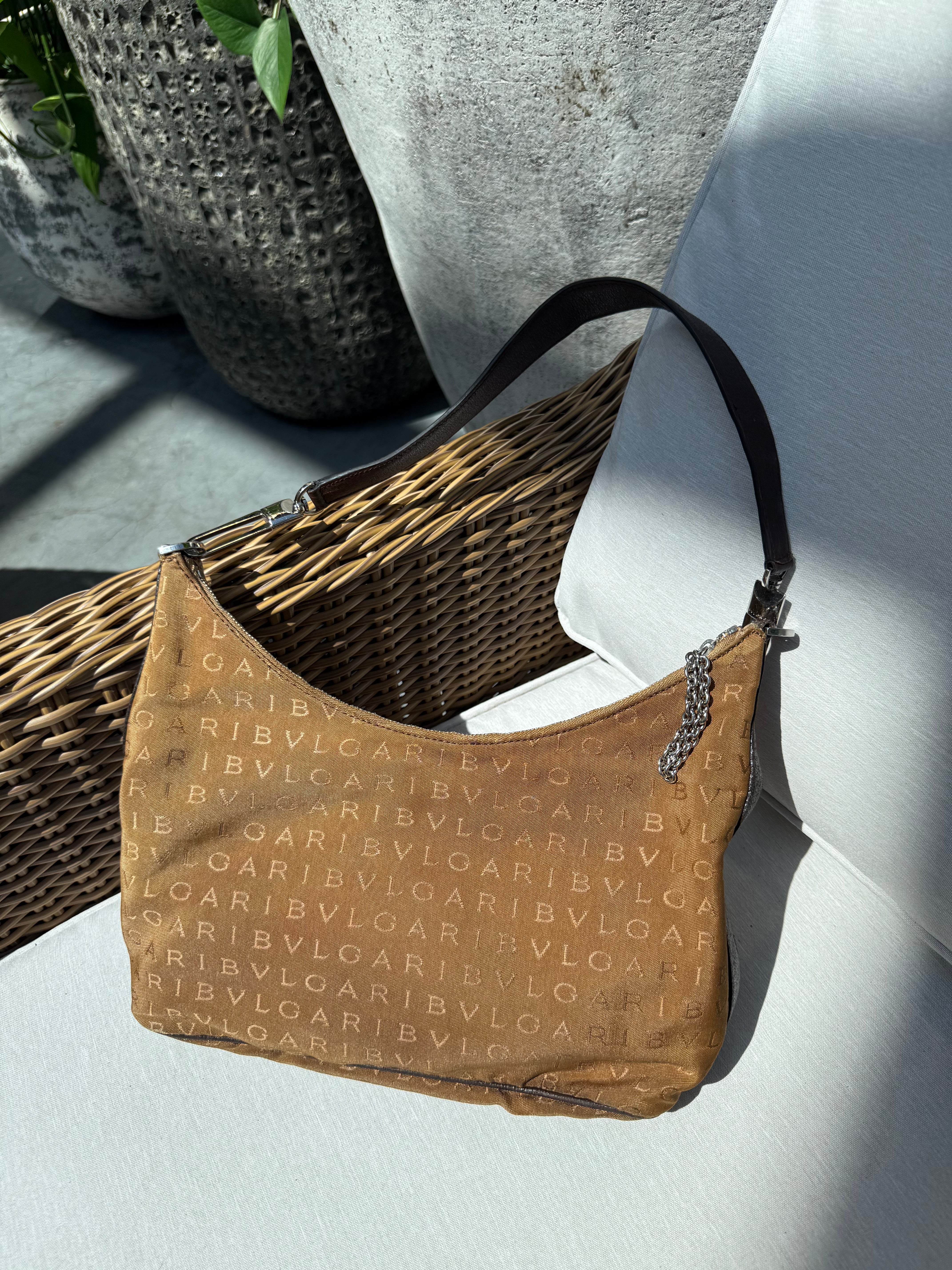 BVLGARI Logomania Brown Canvas Leather Shoulder Bag