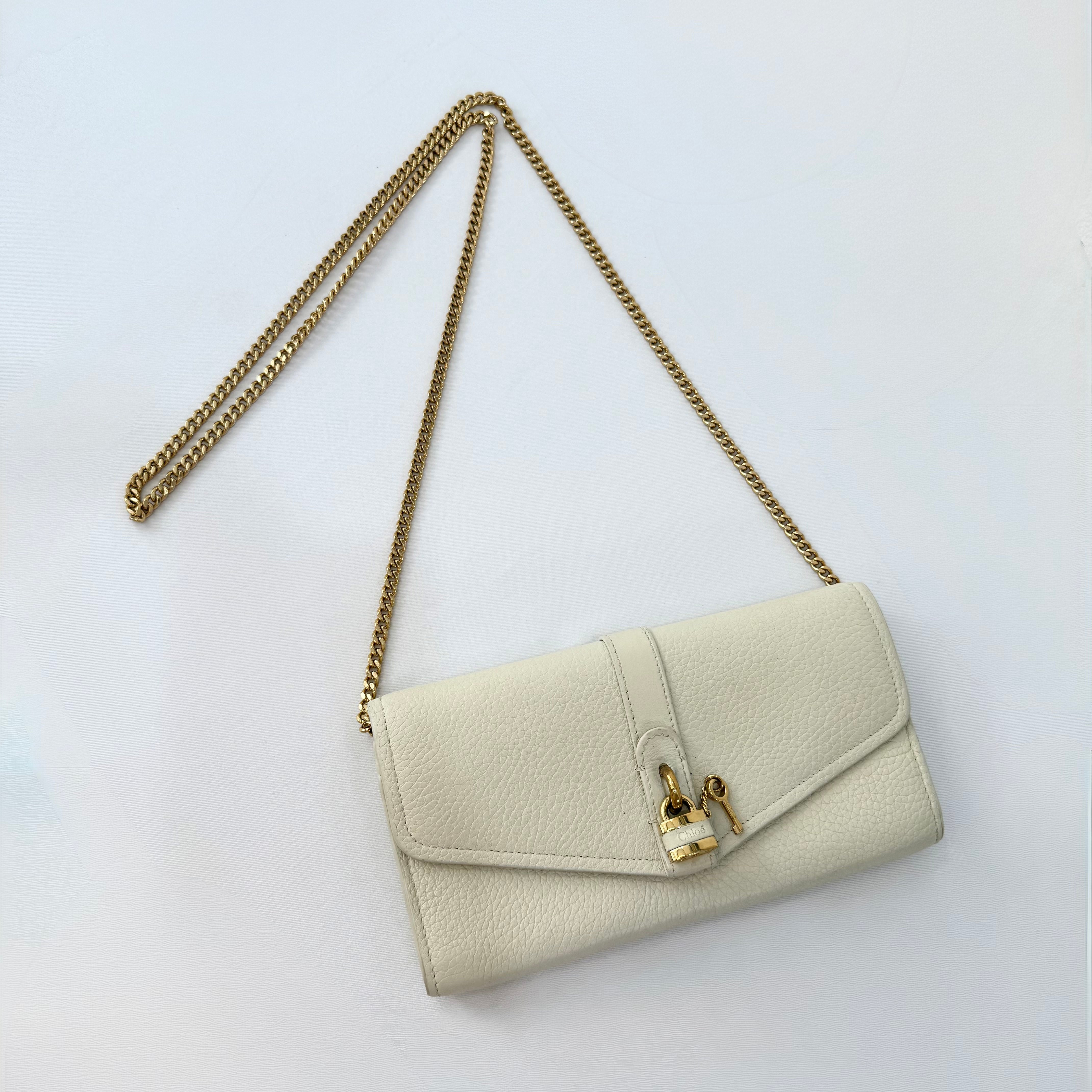 Chloe Motty Beige Goatskin Leather Aby Wallet on Chain