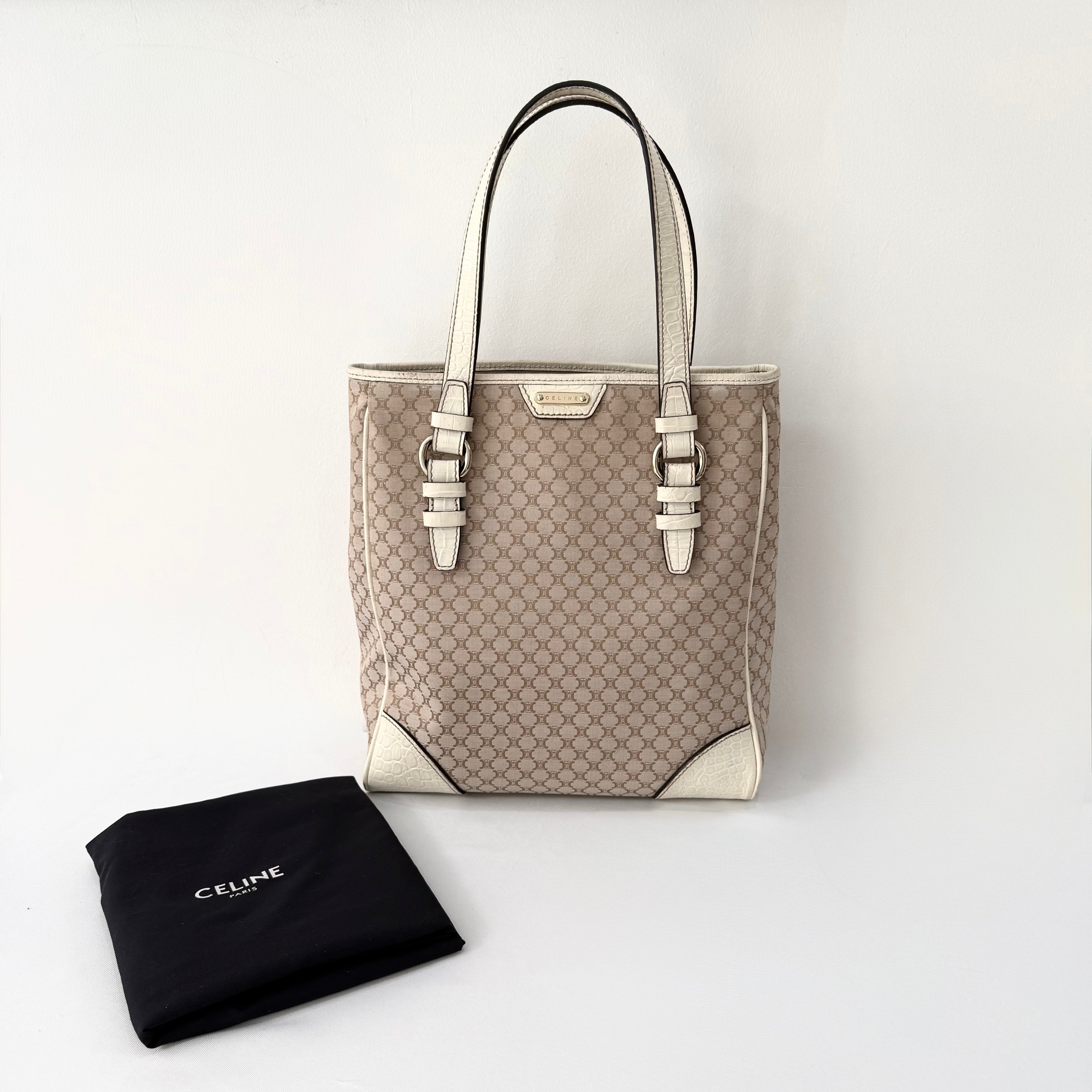 Celine Beige Monogram Canvas Tote Bag White Leather Trim
