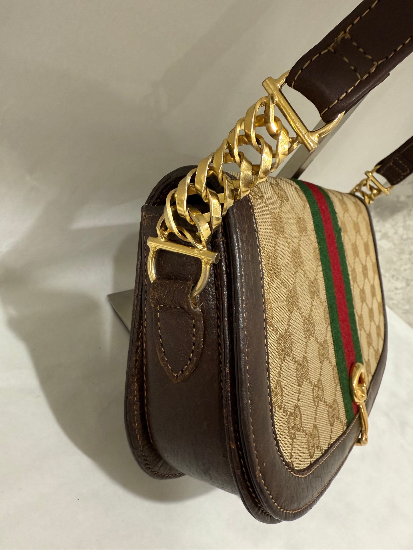 Gucci Vintage GG Beige Original Canvas & Brown Leather Bag