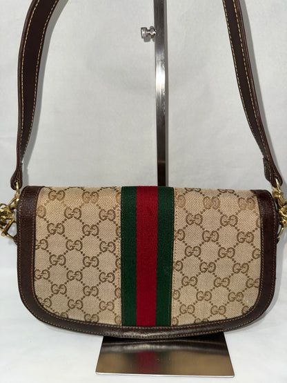 Gucci Vintage GG Beige Original Canvas & Brown Leather Bag