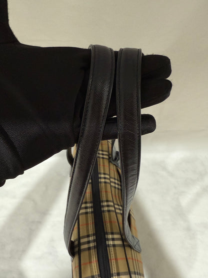 Burberry Check Pattern Leather and Canvas Shoulder Bag