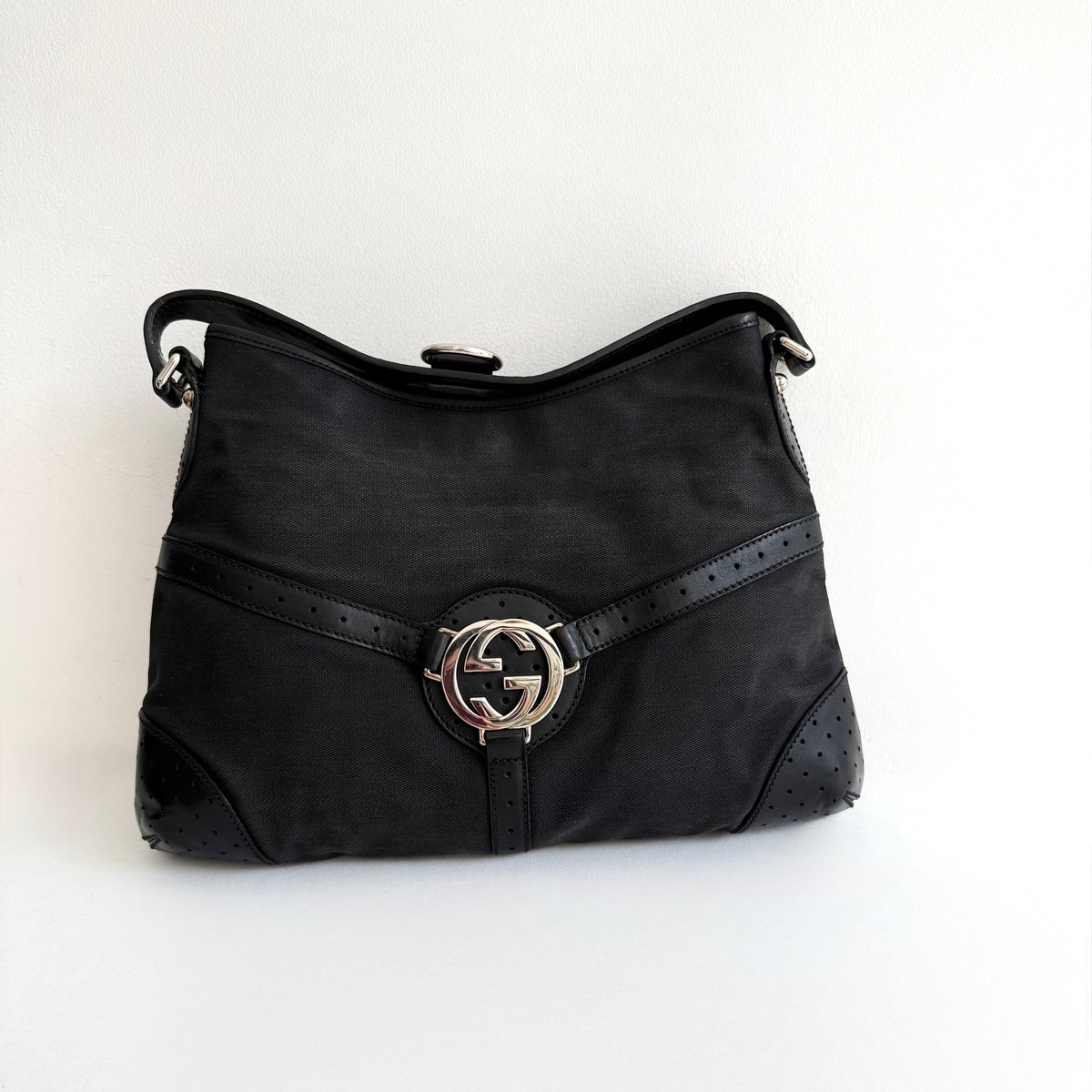 GUCCI BLACK CANVAS REINS SHOULDER BAG