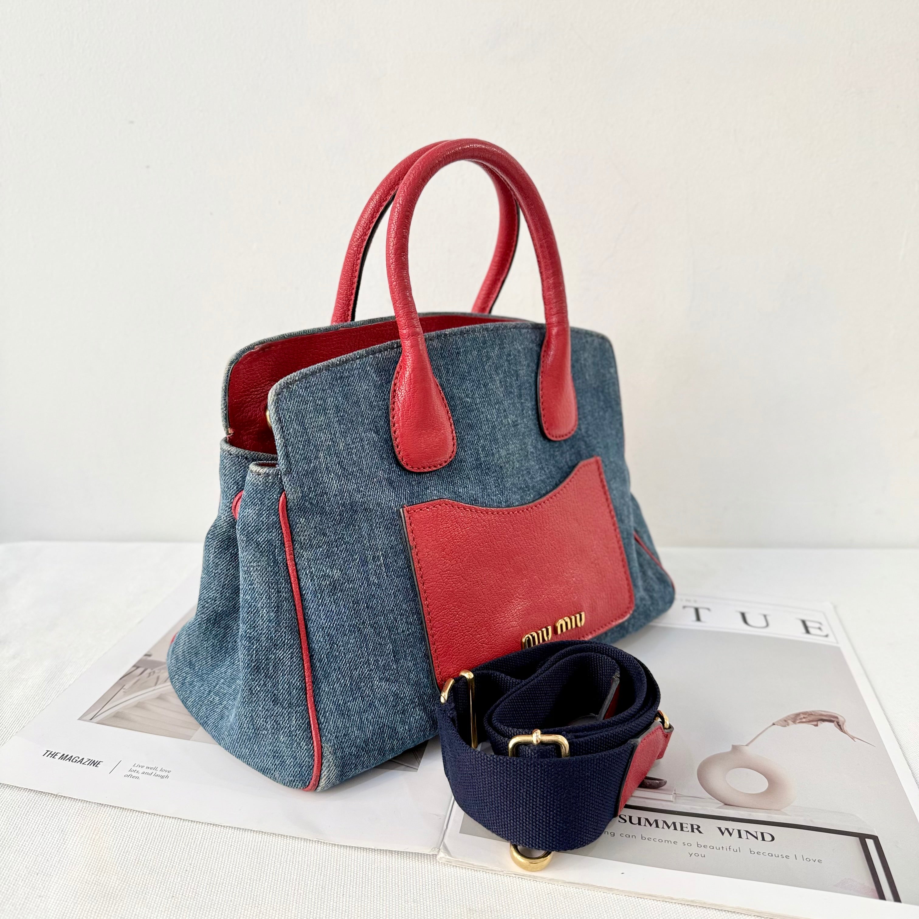 Miu Miu Blue Denim Biker Leather Handbag