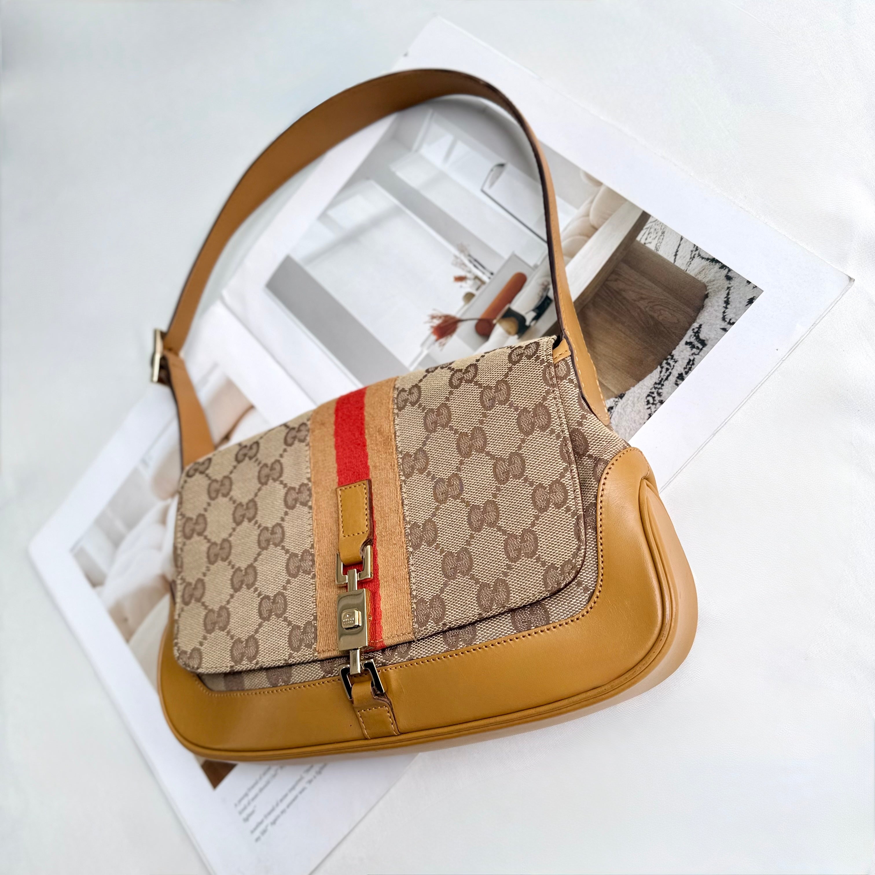 Gucci Jackie Canvas Beige Brown Shoulder Bag