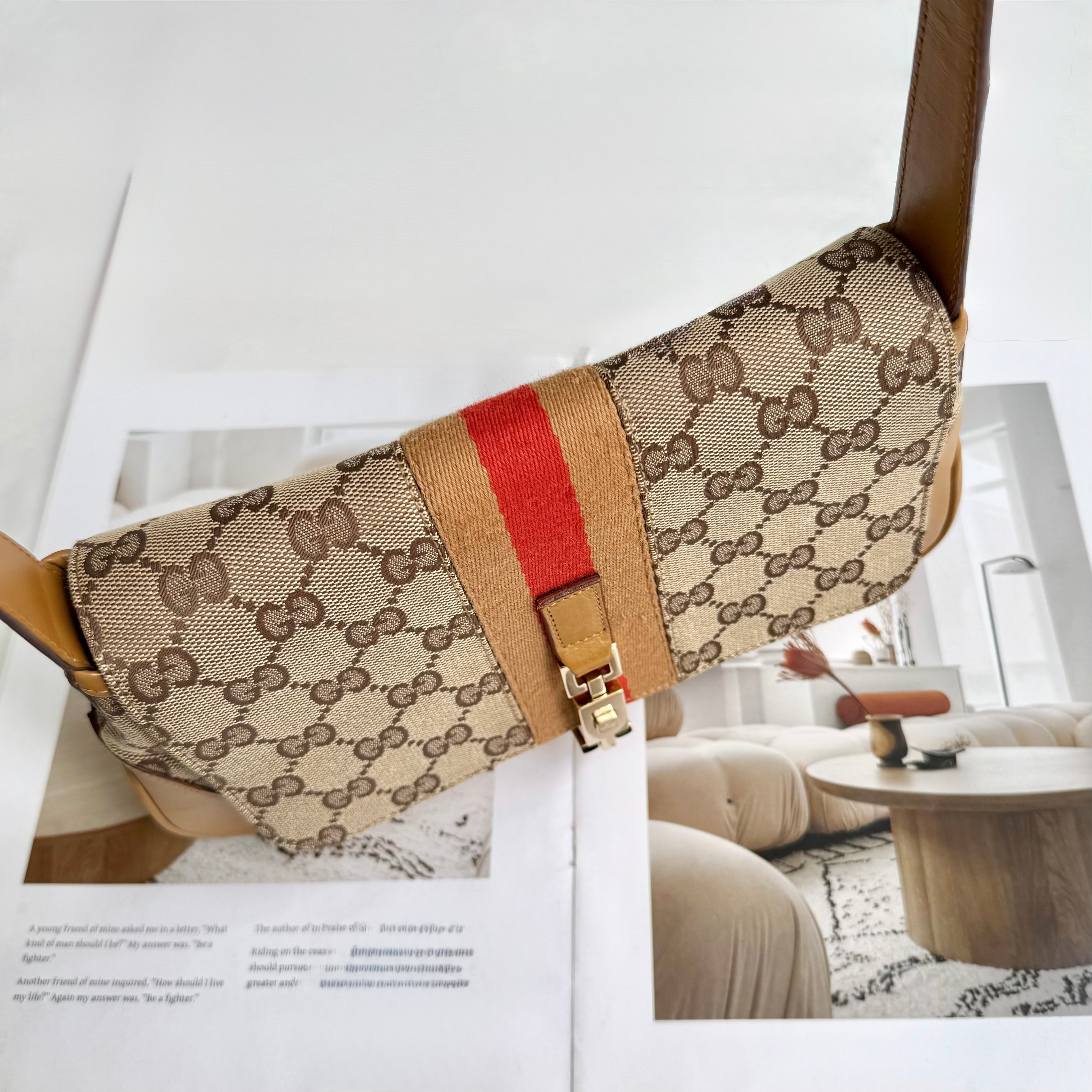 Gucci Jackie Canvas Beige Brown Shoulder Bag