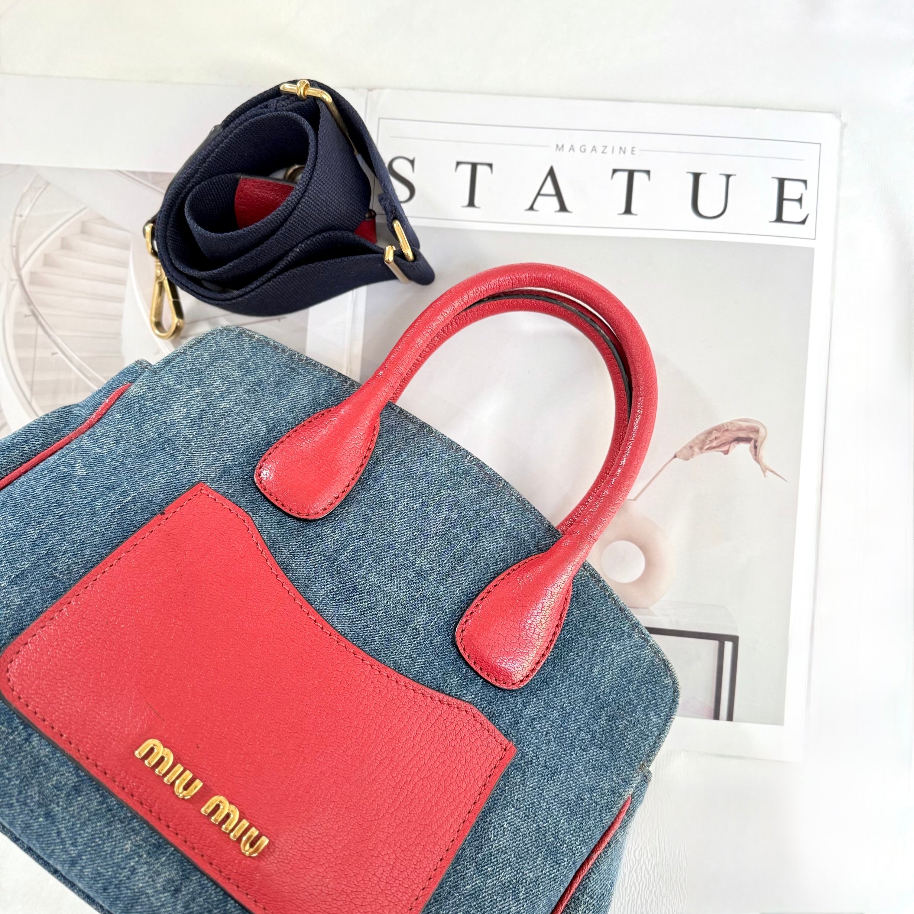 Miu Miu Blue Denim Biker Leather Handbag