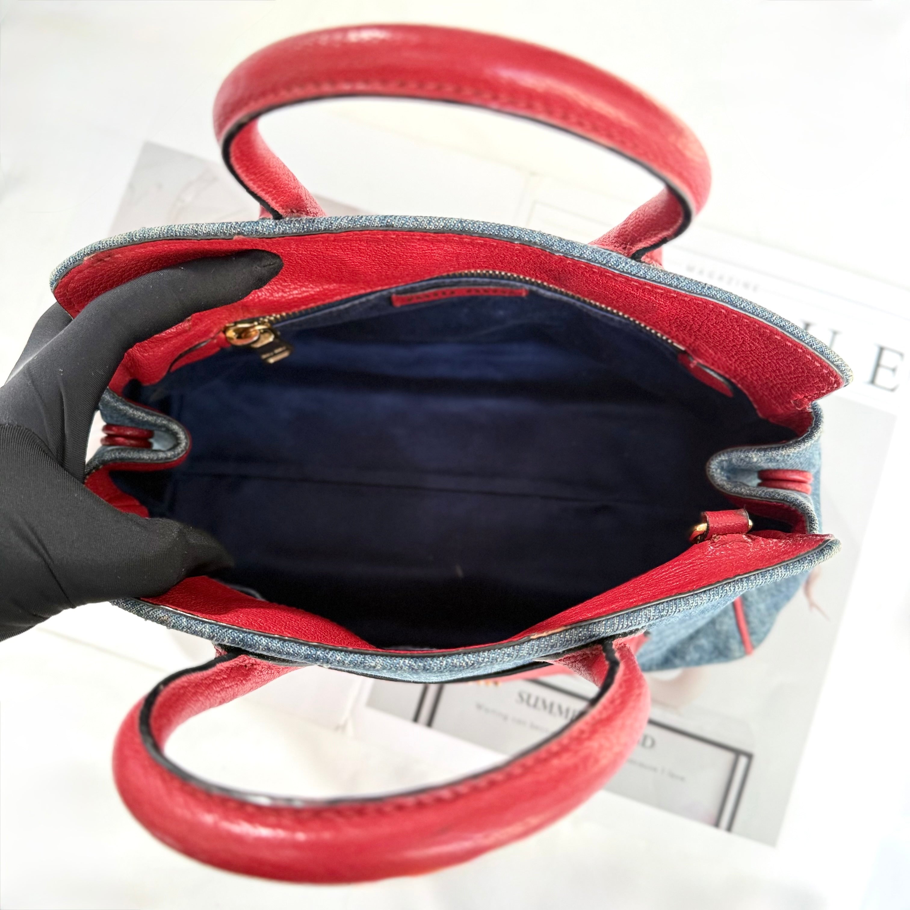 Miu Miu Blue Denim Biker Leather Handbag