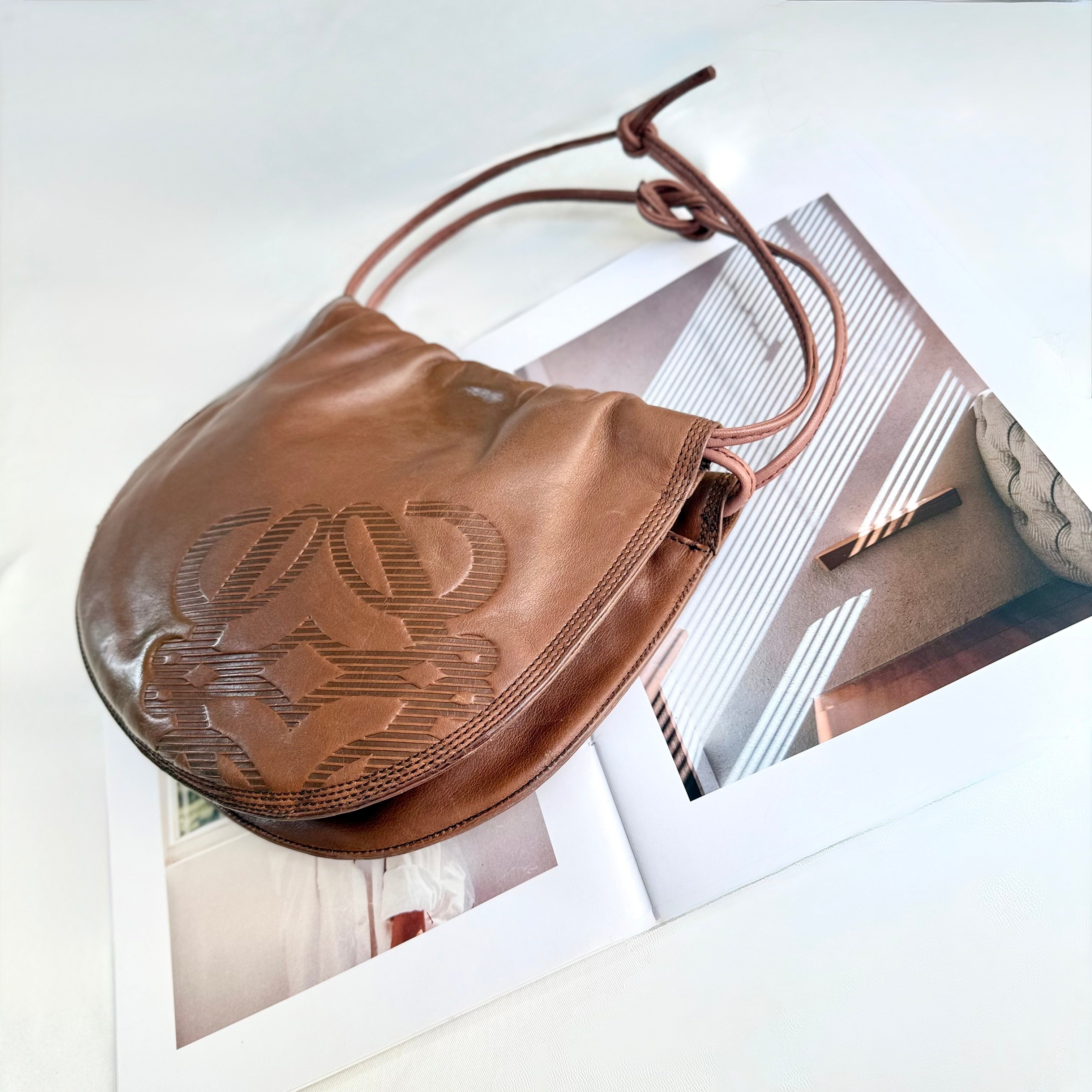 LOEWE Brown Anagram Drawstring Shoulder Bag 