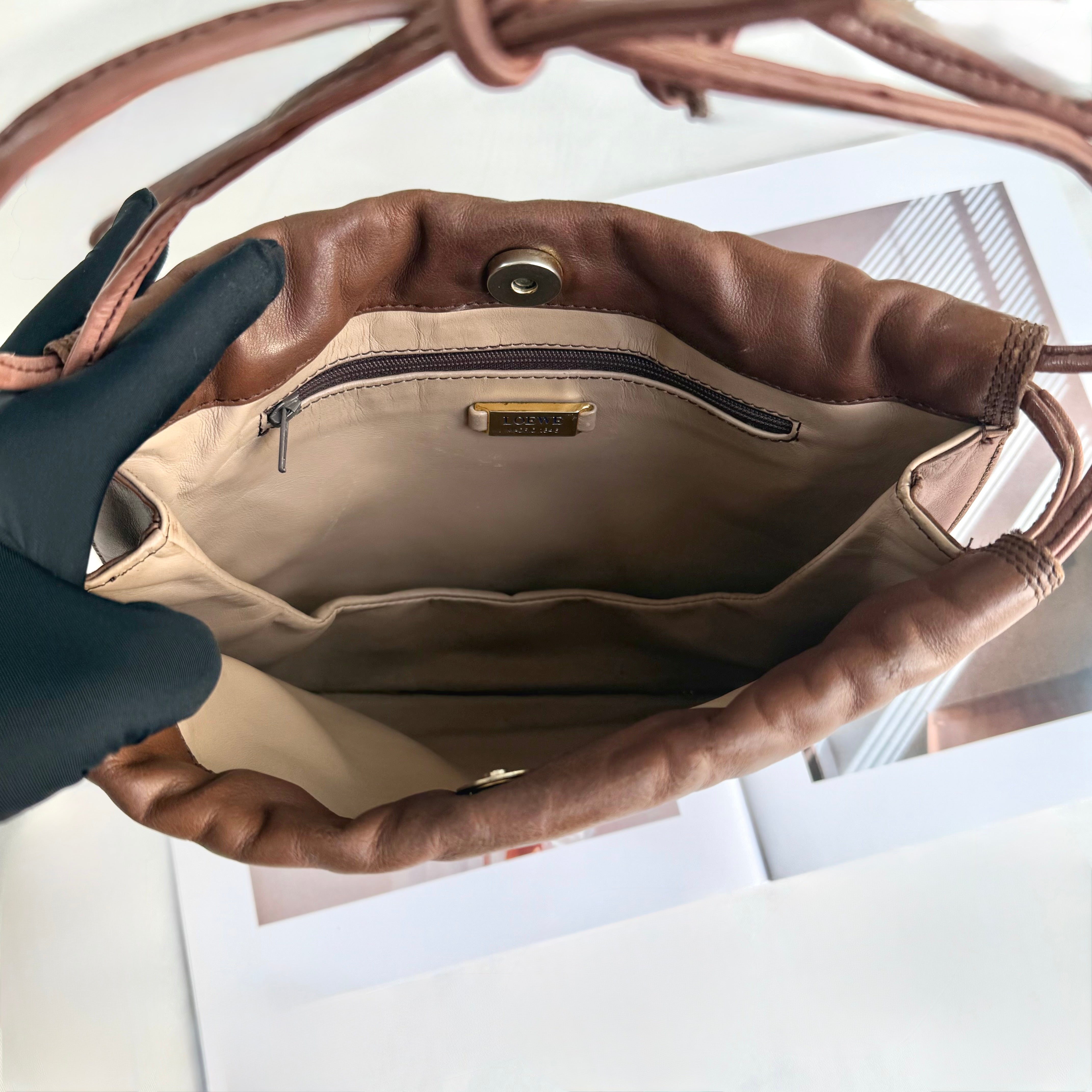 LOEWE Brown Anagram Drawstring Shoulder Bag 