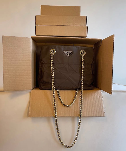 PRADA Chain Shoulder Bag Nylon Brown Gold