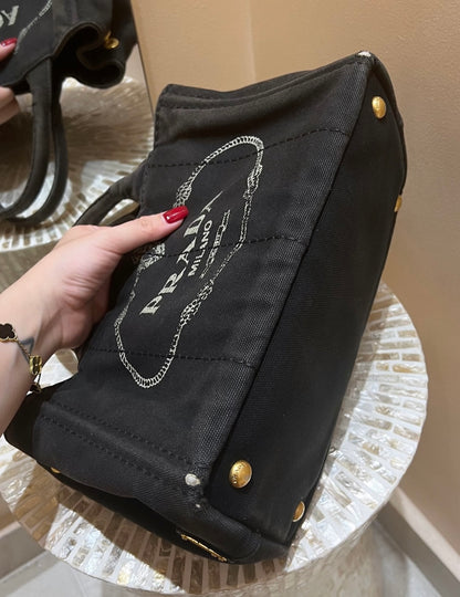 Prada Canapa 2way Tote Bag Shoulder Bag Denim Black