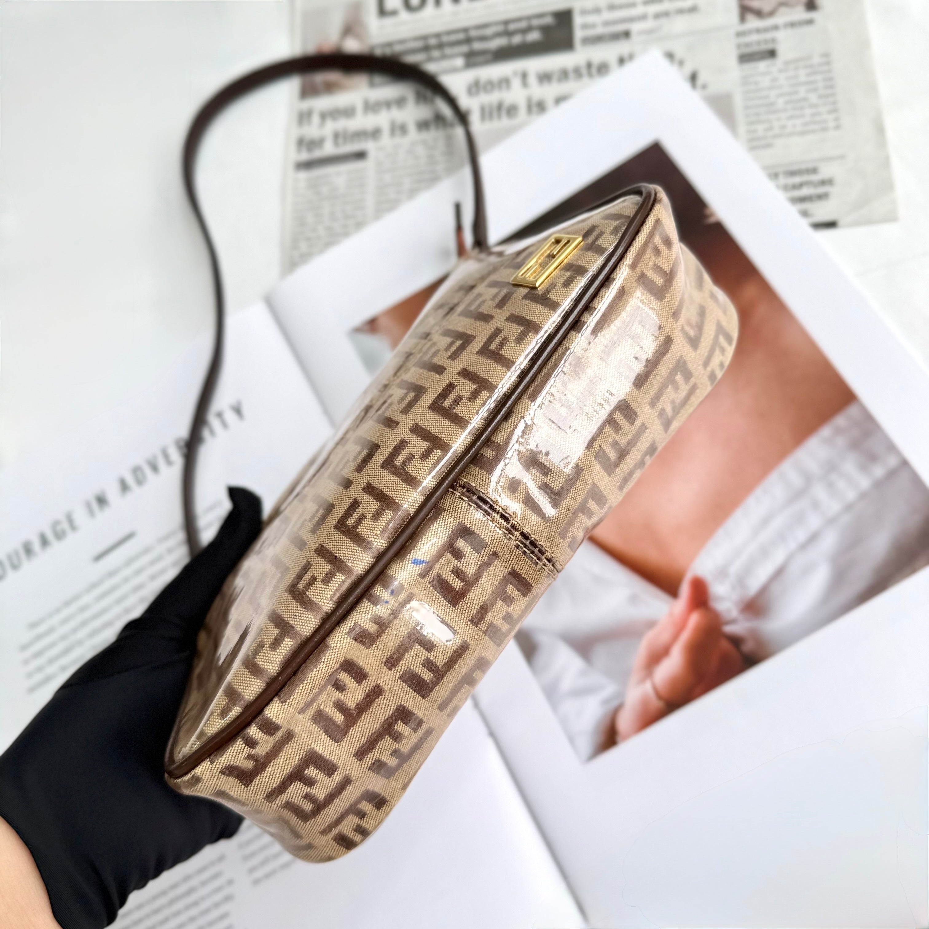 Fendi Brown Patent Zucchino Pochette