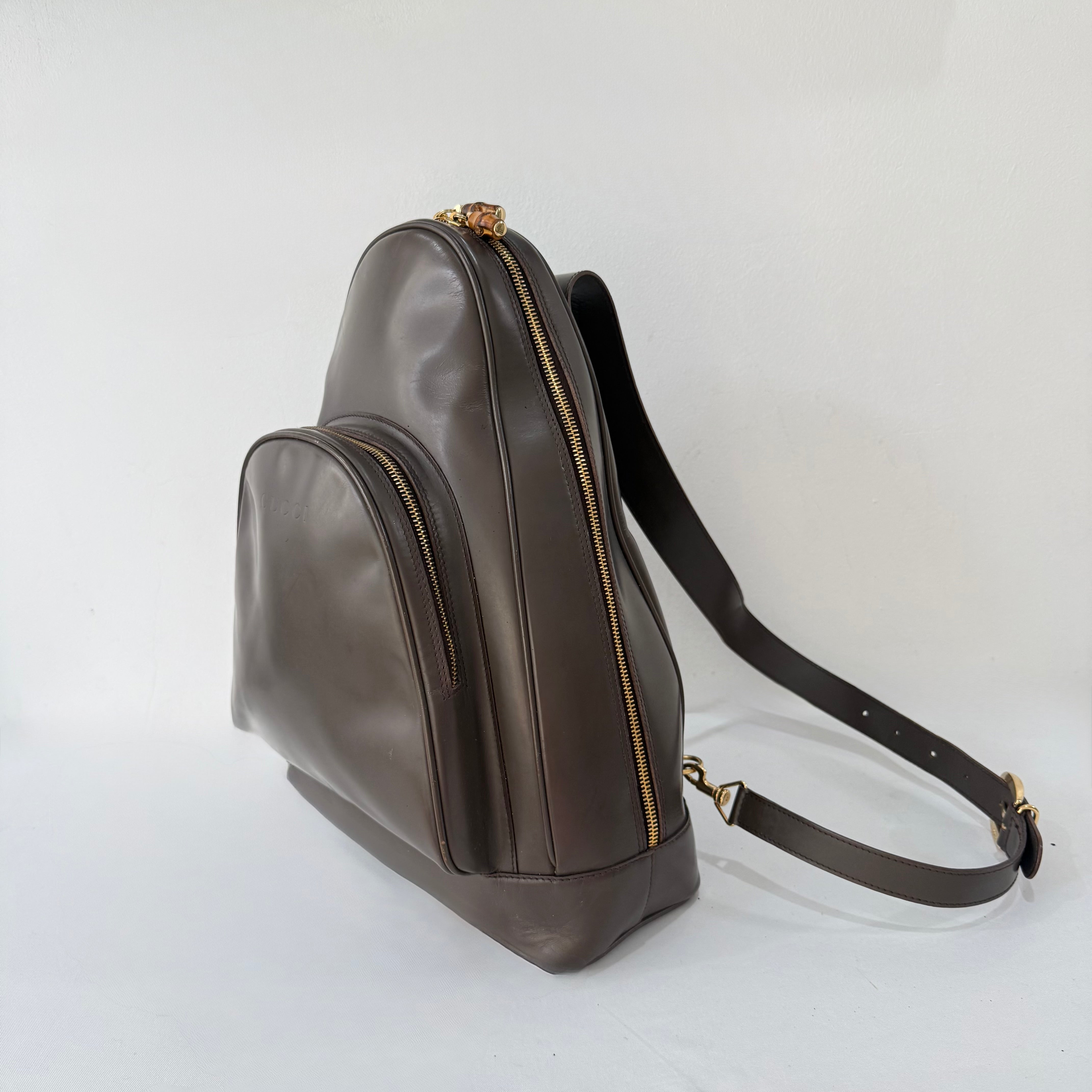 Gucci Vintage Patent Leather Bamboo Backpack Brown Crossbody Bag