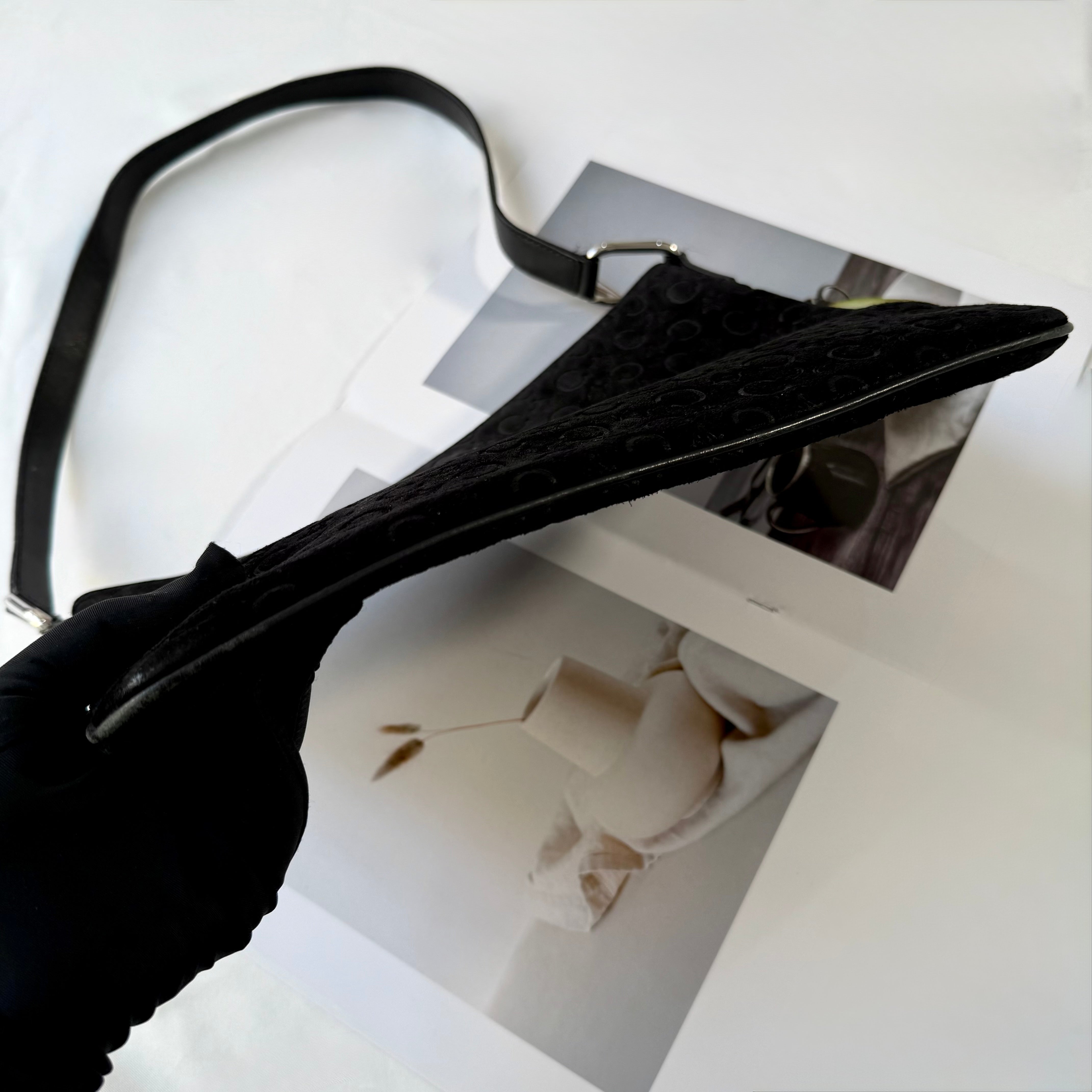 Celine Black C Logo Embossed Suede Leather