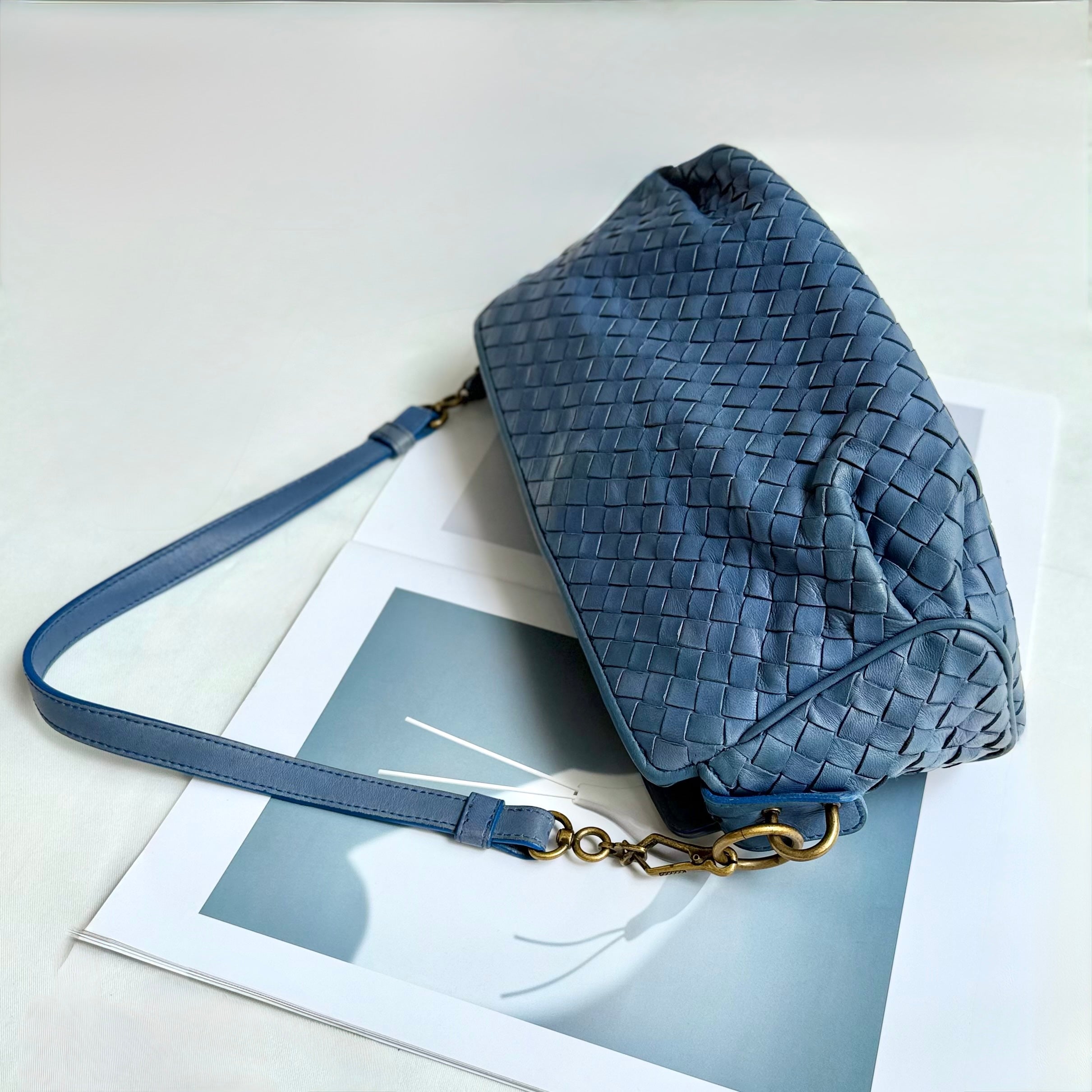 Bottega Veneta Blue Intrecciato Woven Nappa Leather