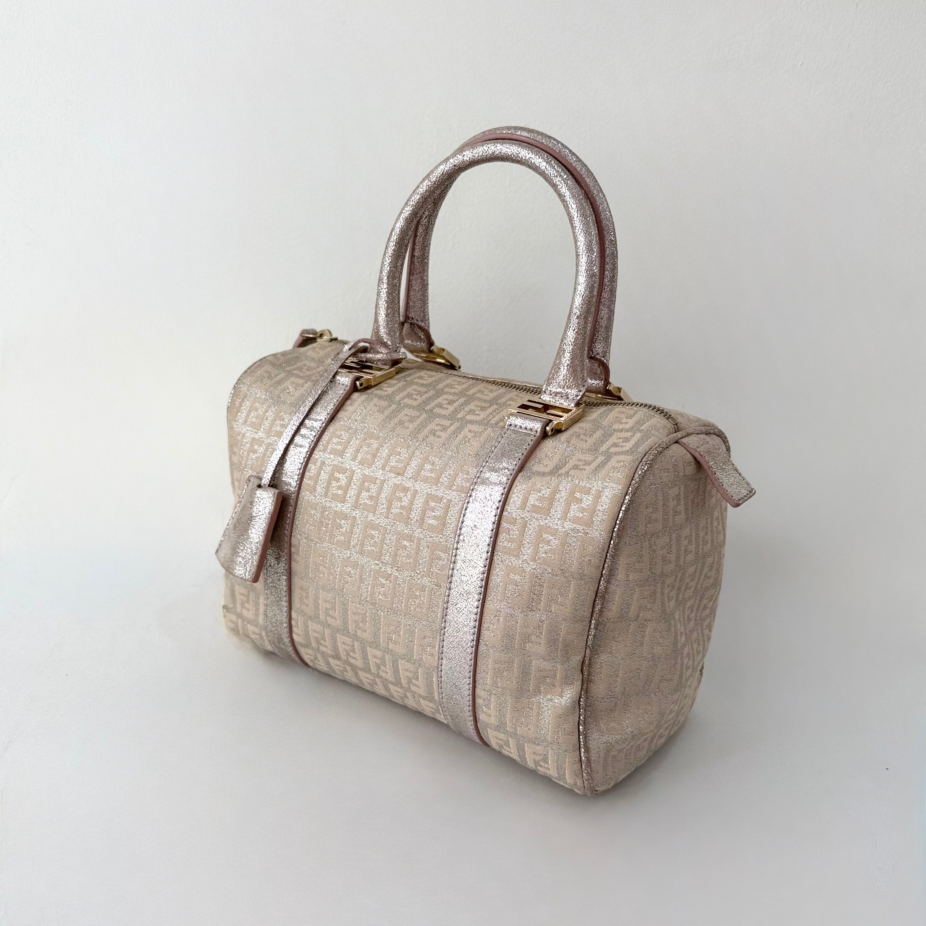 FENDI Zucchino Boston Handbag Pink Silver