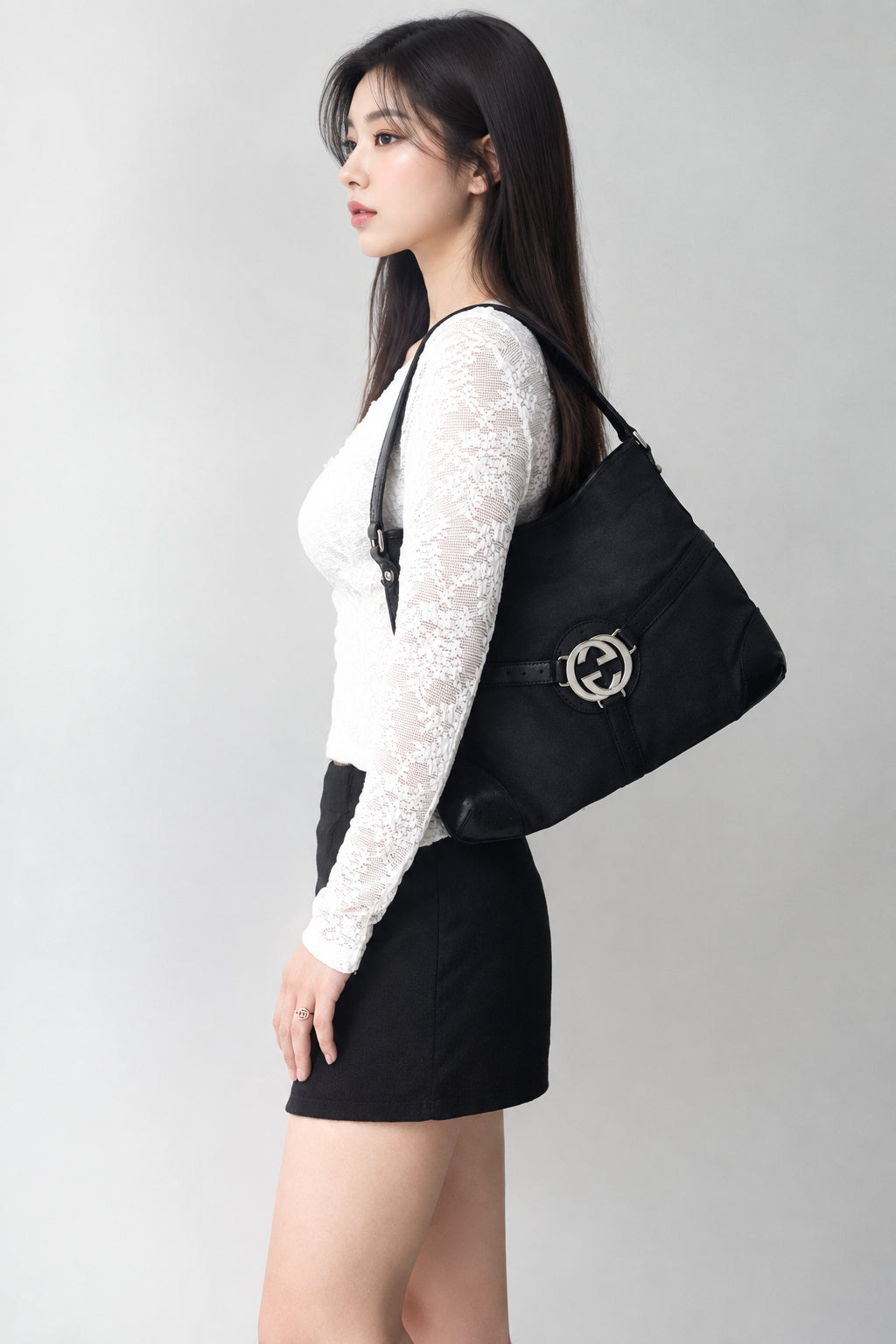 GUCCI BLACK CANVAS REINS SHOULDER BAG