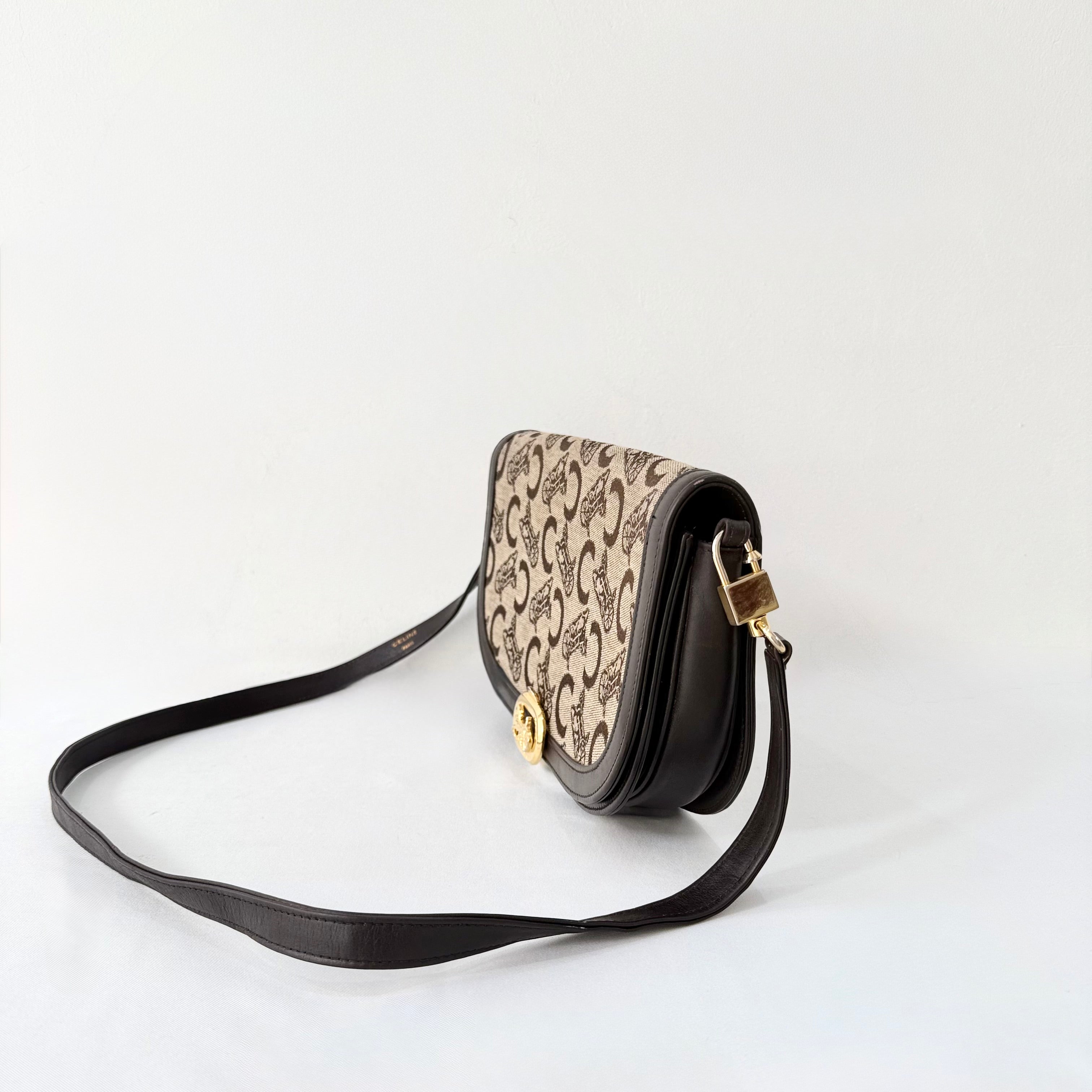 Celine Brown Canvas Horsebit Shoulder Bag