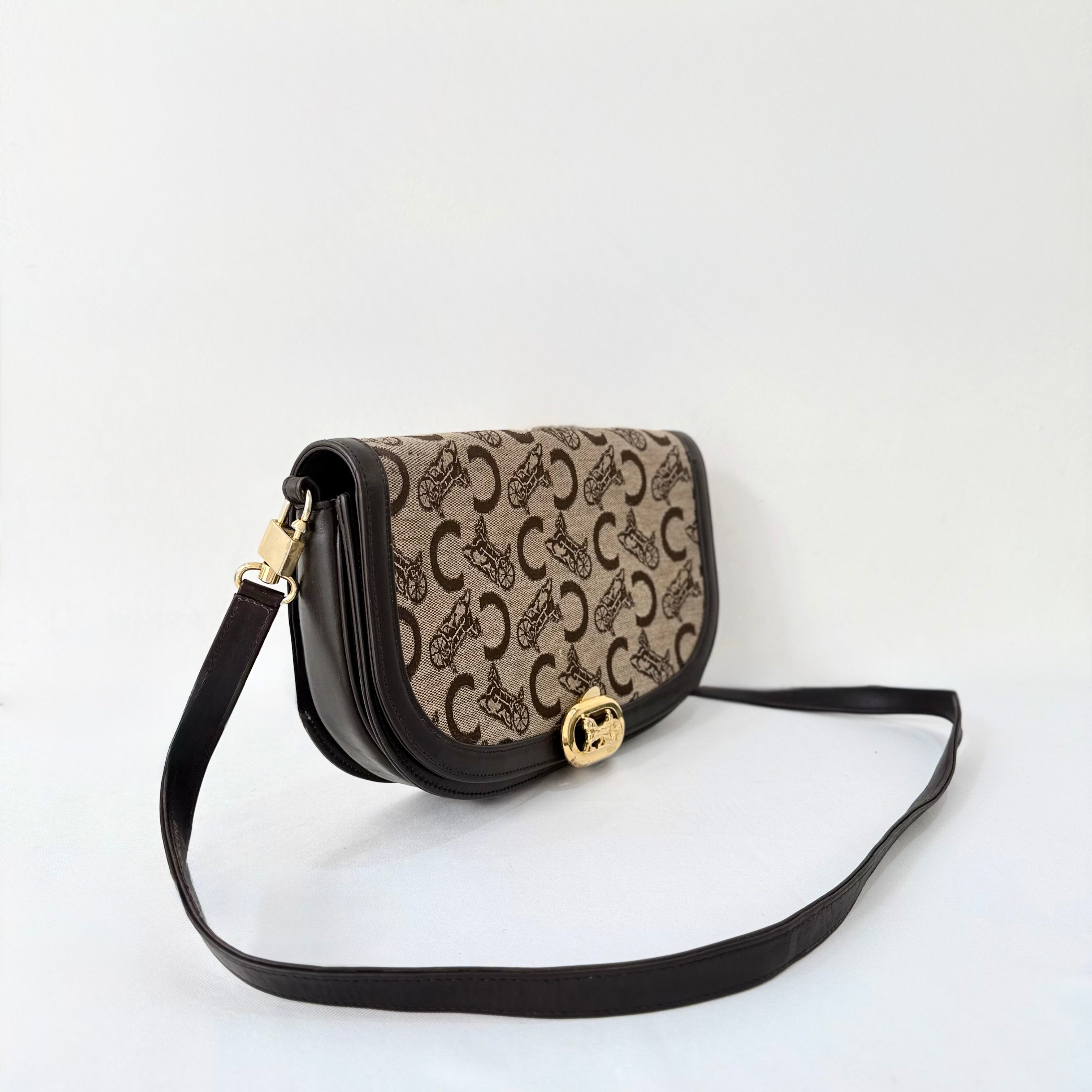 Celine Brown Canvas Horsebit Shoulder Bag