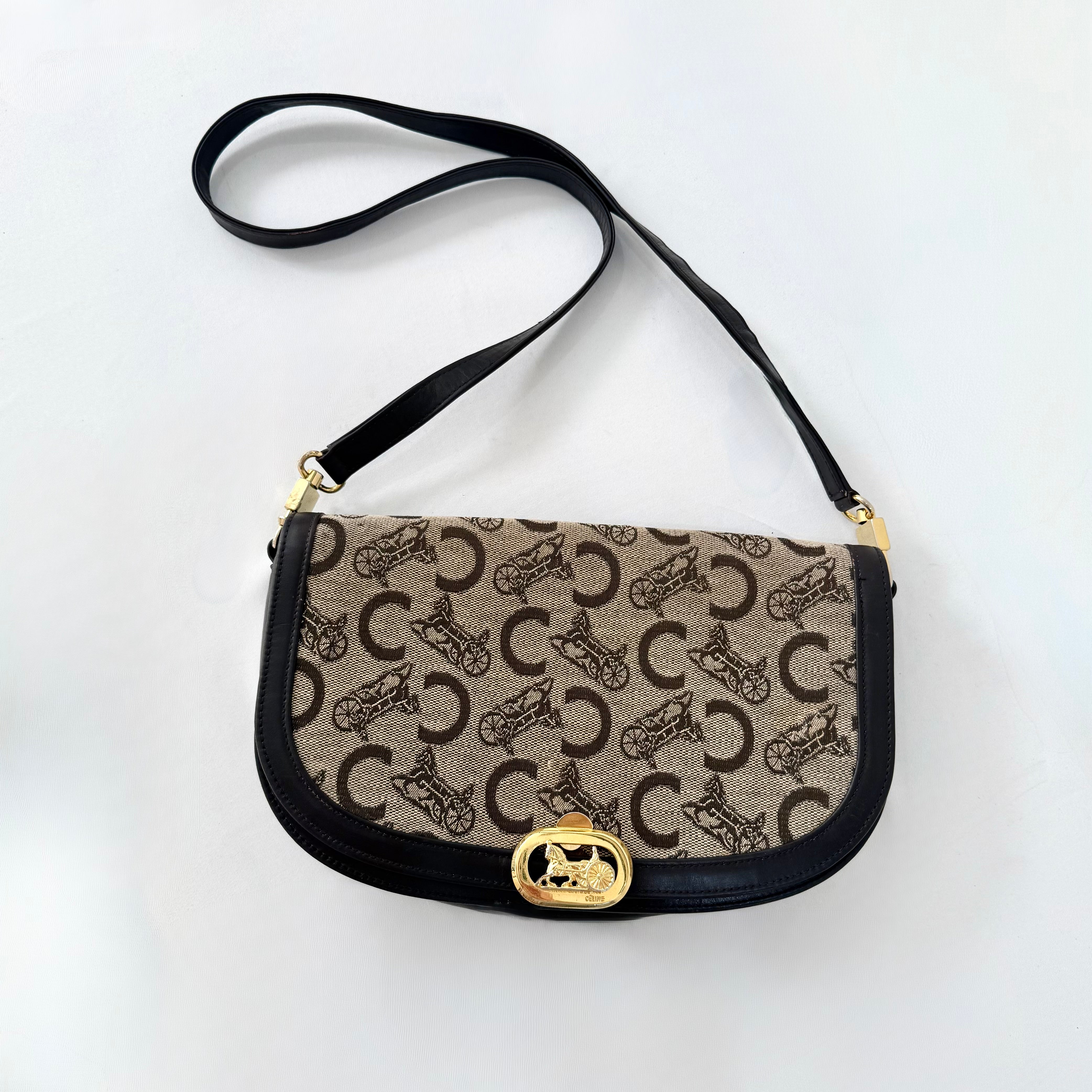 Celine Brown Canvas Horsebit Shoulder Bag