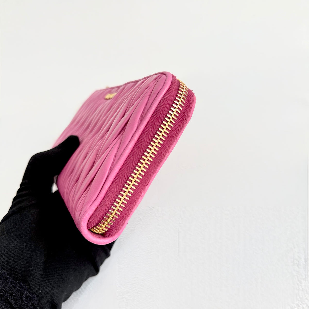 Miu Miu Pink Matelasse Leather Wallet Round Zipper