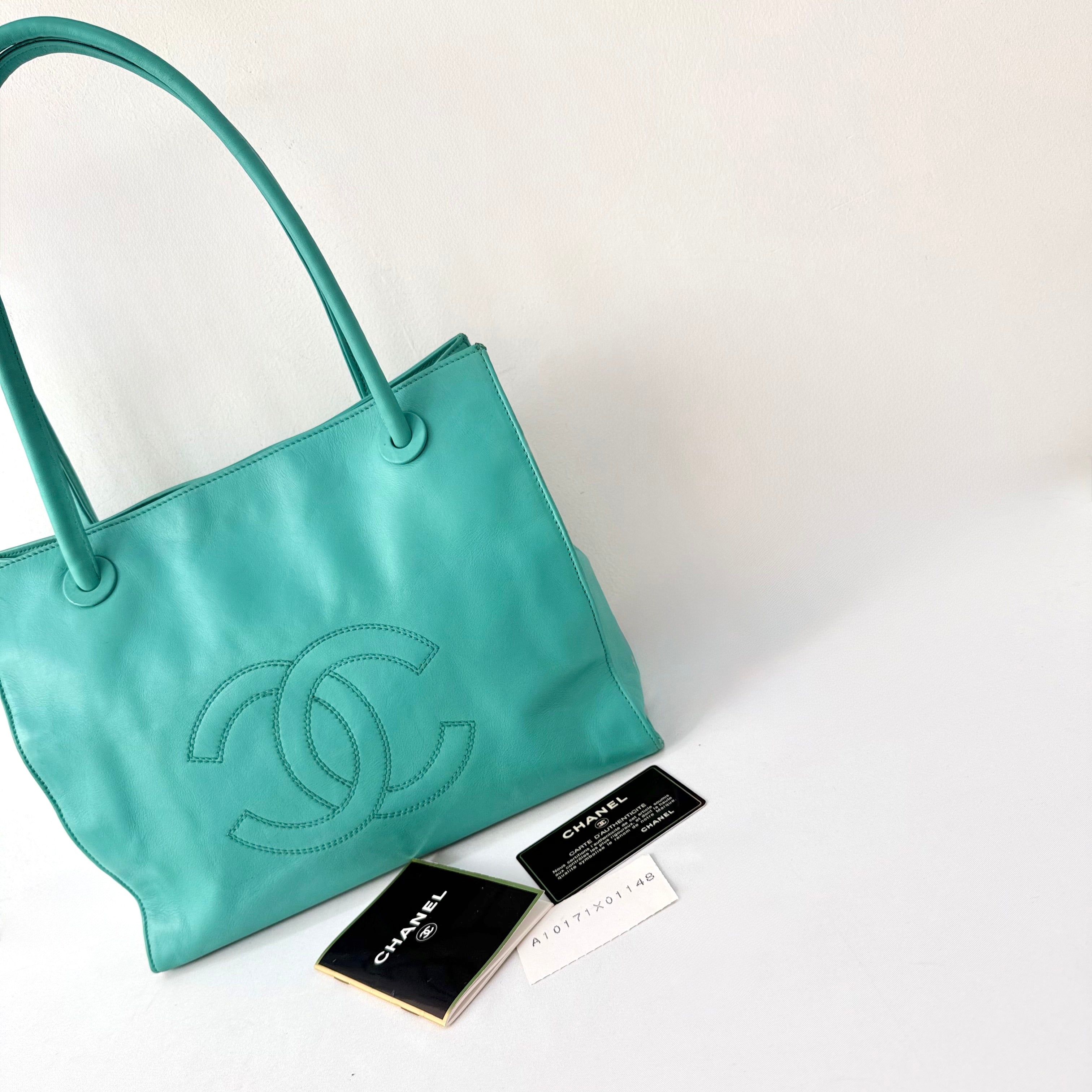 CHANEL COCO Logo Lamb Skin Turquoise Shoulder Bag 