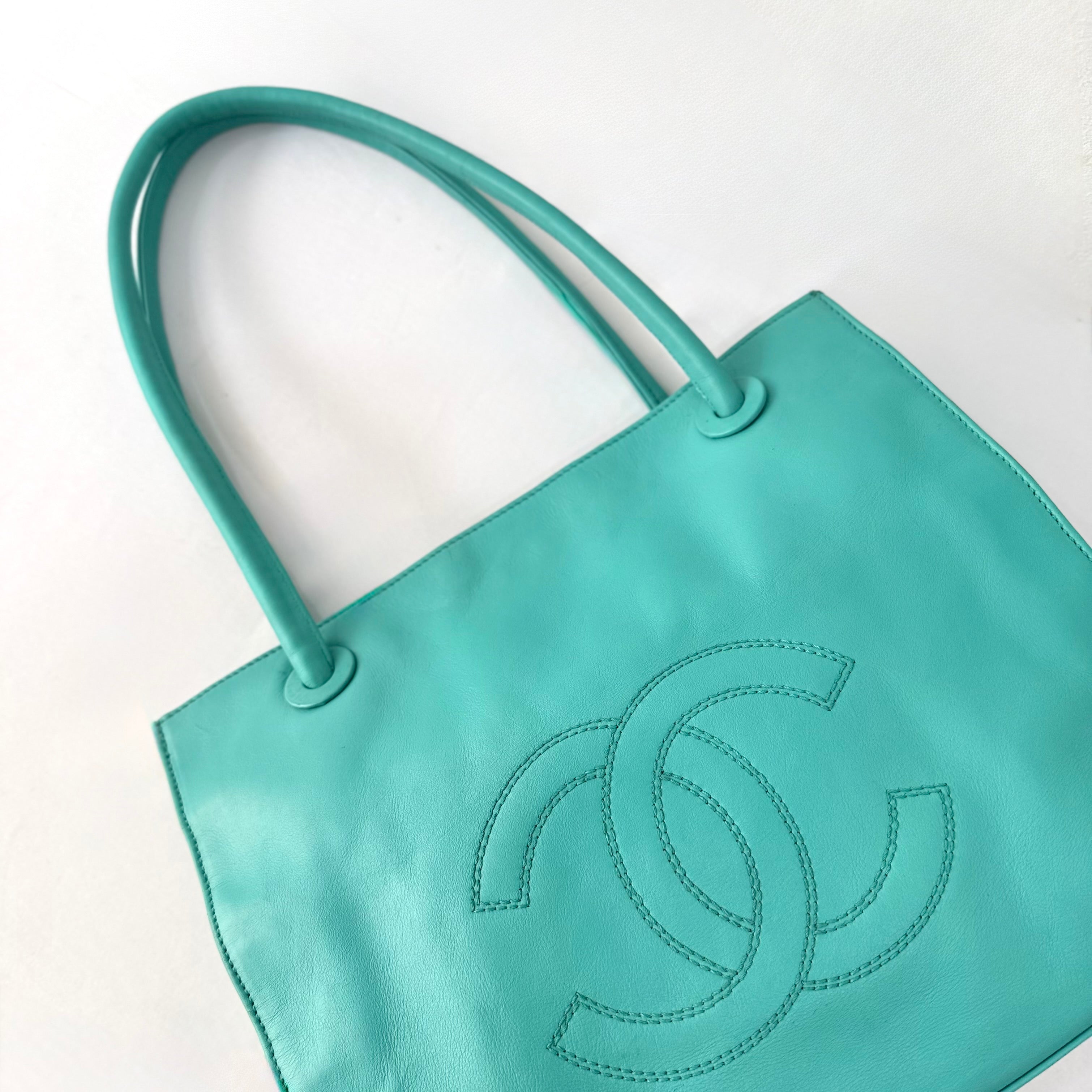 CHANEL COCO Logo Lamb Skin Turquoise Shoulder Bag 