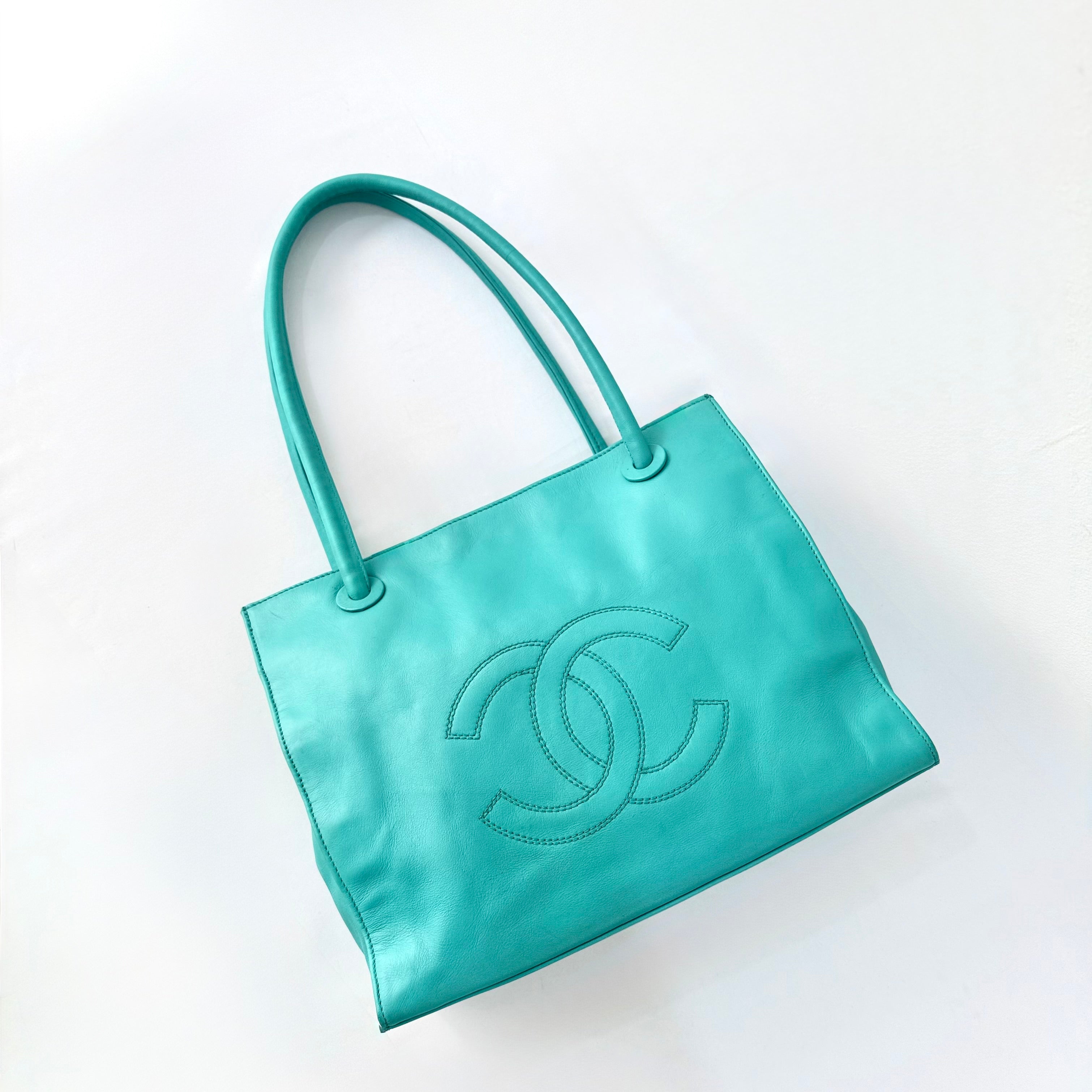 CHANEL COCO Logo Lamb Skin Turquoise Shoulder Bag 