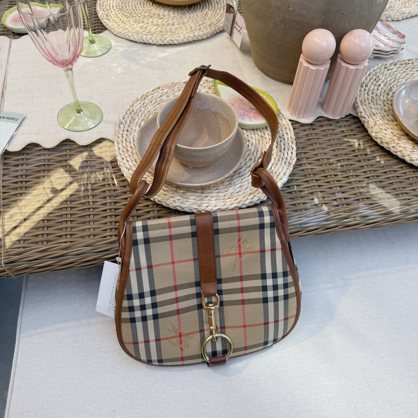 Burberry Nova Check Shoulder Bag Canvas Leather Beige Brown